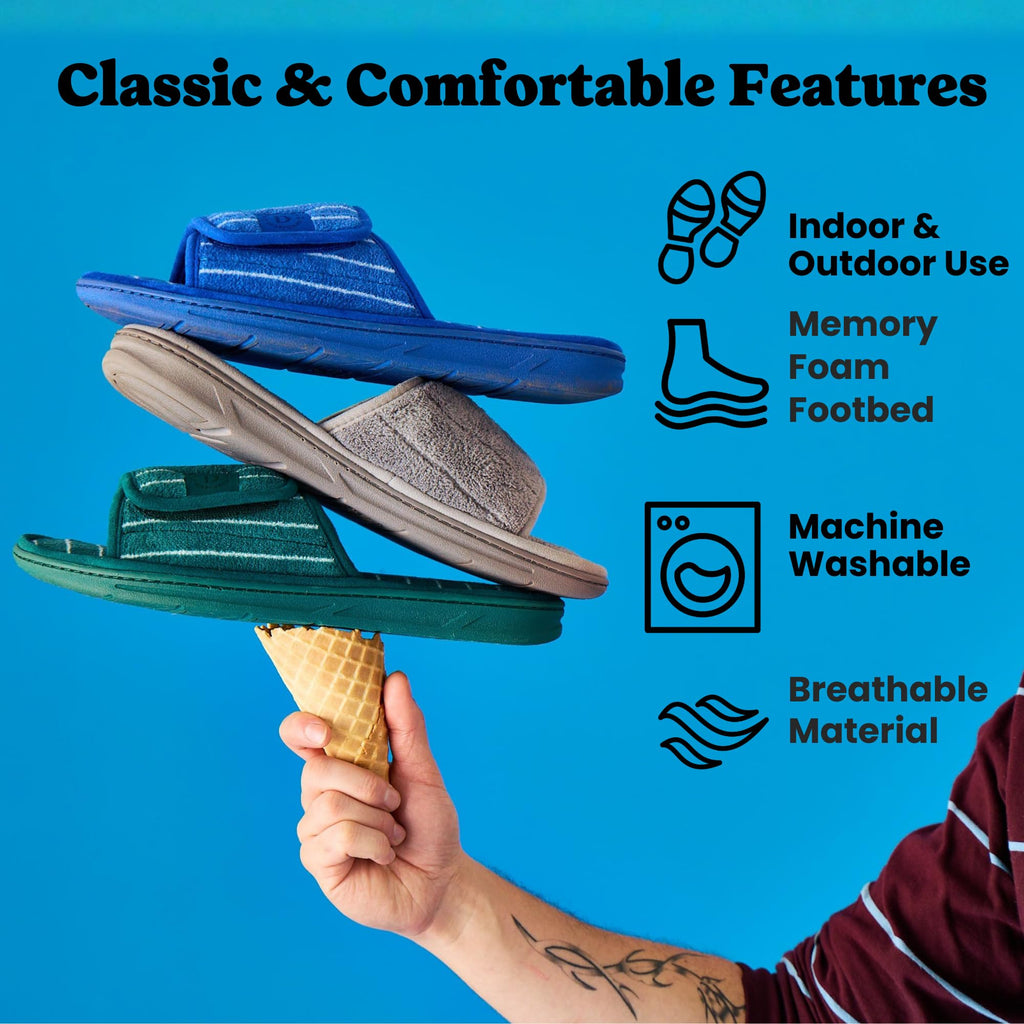 Dearfoams Men's Adjustable Indoor/Outdoor Memory Foam Machine Washable Summer Slide Slipper