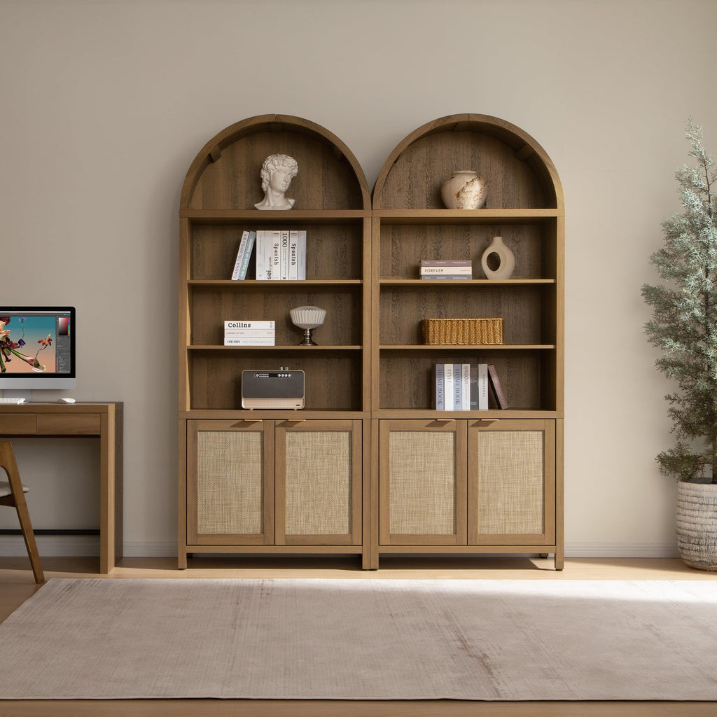 SICOTAS Book Shelf Arched Cabinet Bookshelf Arch 84.2" Tall Bookcase 5 Tier Large Bookshelves with Doors Storage Rattan Boho Wide Book Shelves Case for Living Room Kitchen Office Bedroom Library