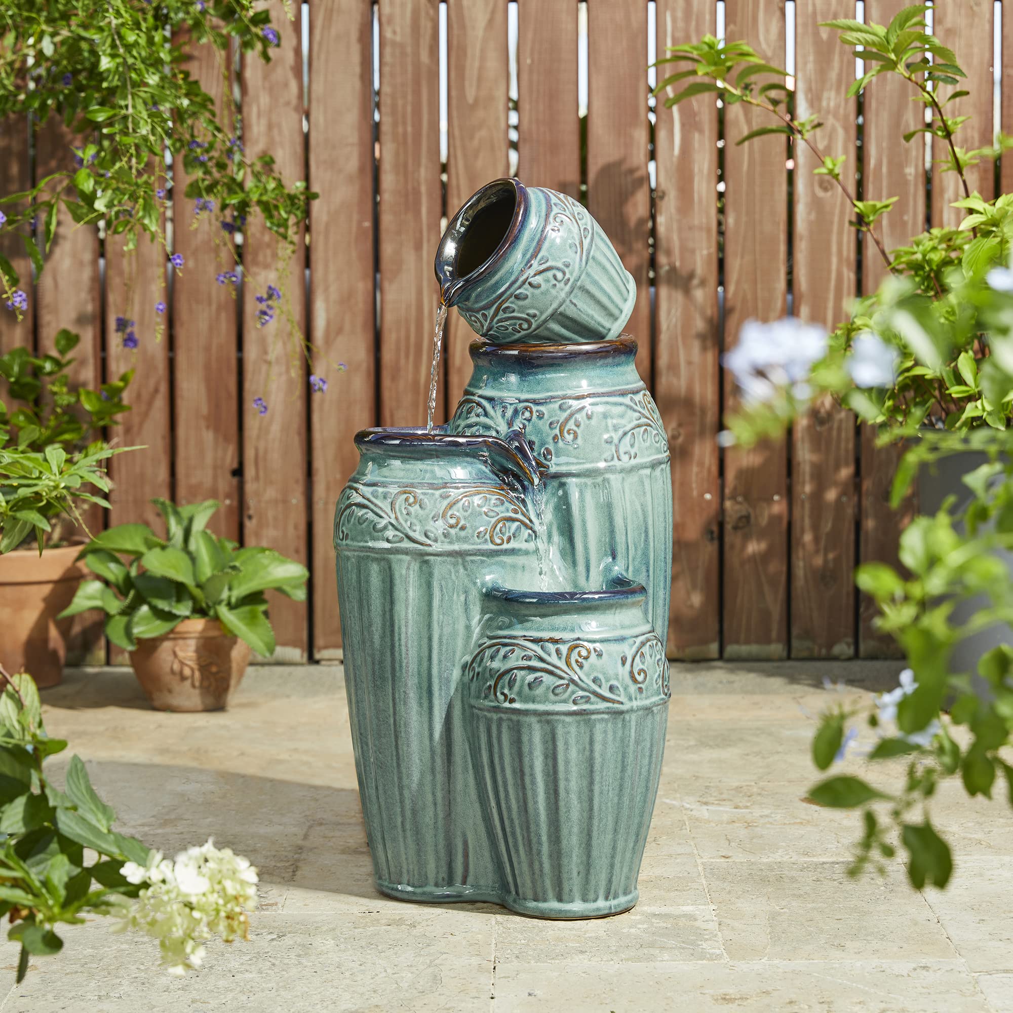 Glitzhome 27.25" H Outdoor Garden Water Fountain with LED Lights and Pump, 4 Tier Cobalt Blue Embossed Pattern Ceramic Pots Cascading Floor Standing Fountain for Porch Deck Patio Backyard Decoration