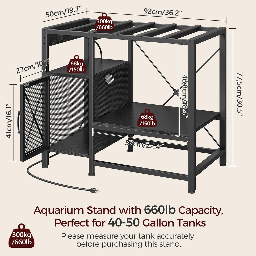 MAHANCRIS 20-37 Gallon Fish Tank Stand, Aquarium Stand with Power Outlet and Storage Cabinet, Heavy Duty Tank Stand Suitable for Turtle Tank, Reptile Terrarium, for Home Office, Black FTHB40E01