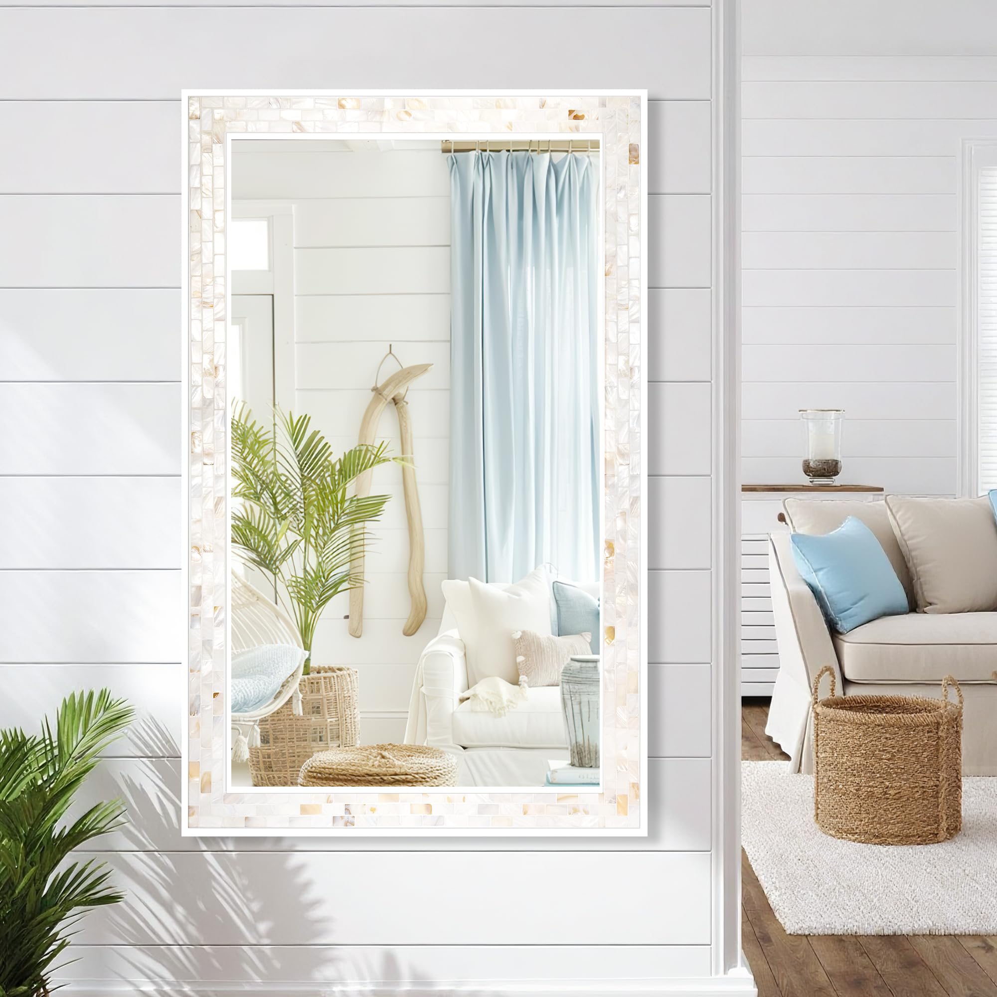 Tanmicoshomy Round Wall Mirror 24 Inch,Circle Mosaic Mirror with Natural Mother of Pearl and Wood Frame, Decorative Coastal Round Wall Mirror for Bathroom Bedroom Living Room Entryway