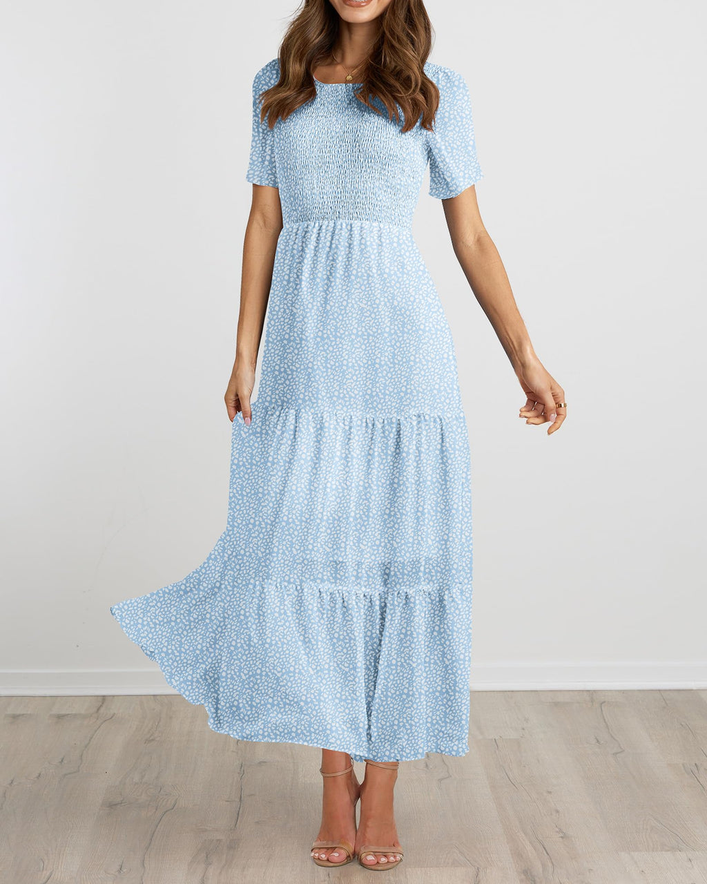 BTFBM Women Casual Short Sleeve Crew Neck Summer Dress Bohemian Floral Printed Flowy Maxi Dresses Tiered Cocktail Dress