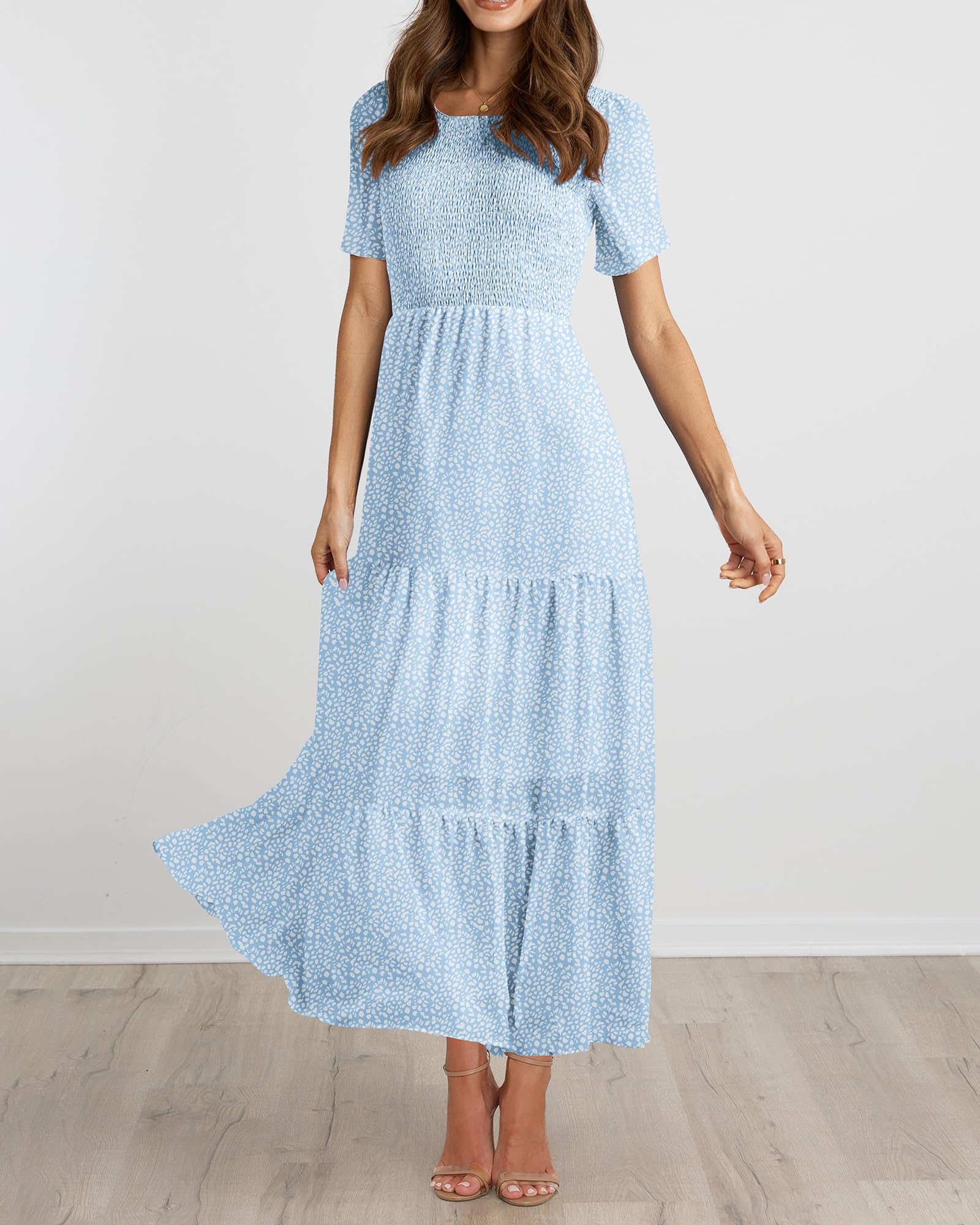 BTFBM Women Casual Short Sleeve Crew Neck Summer Dress Bohemian Floral Printed Flowy Maxi Dresses Tiered Cocktail Dress