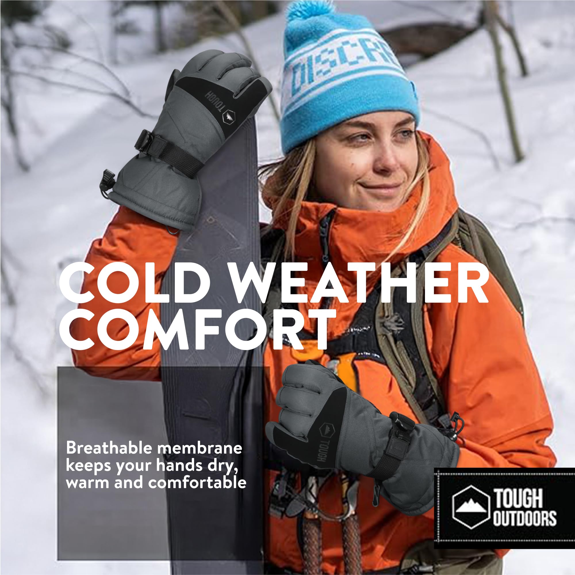 Tough Outdoors Waterproof Gloves Women - Ski Gloves Men - Warm for Winter Cold Weather Snow & Snowboarding - Men's Women's