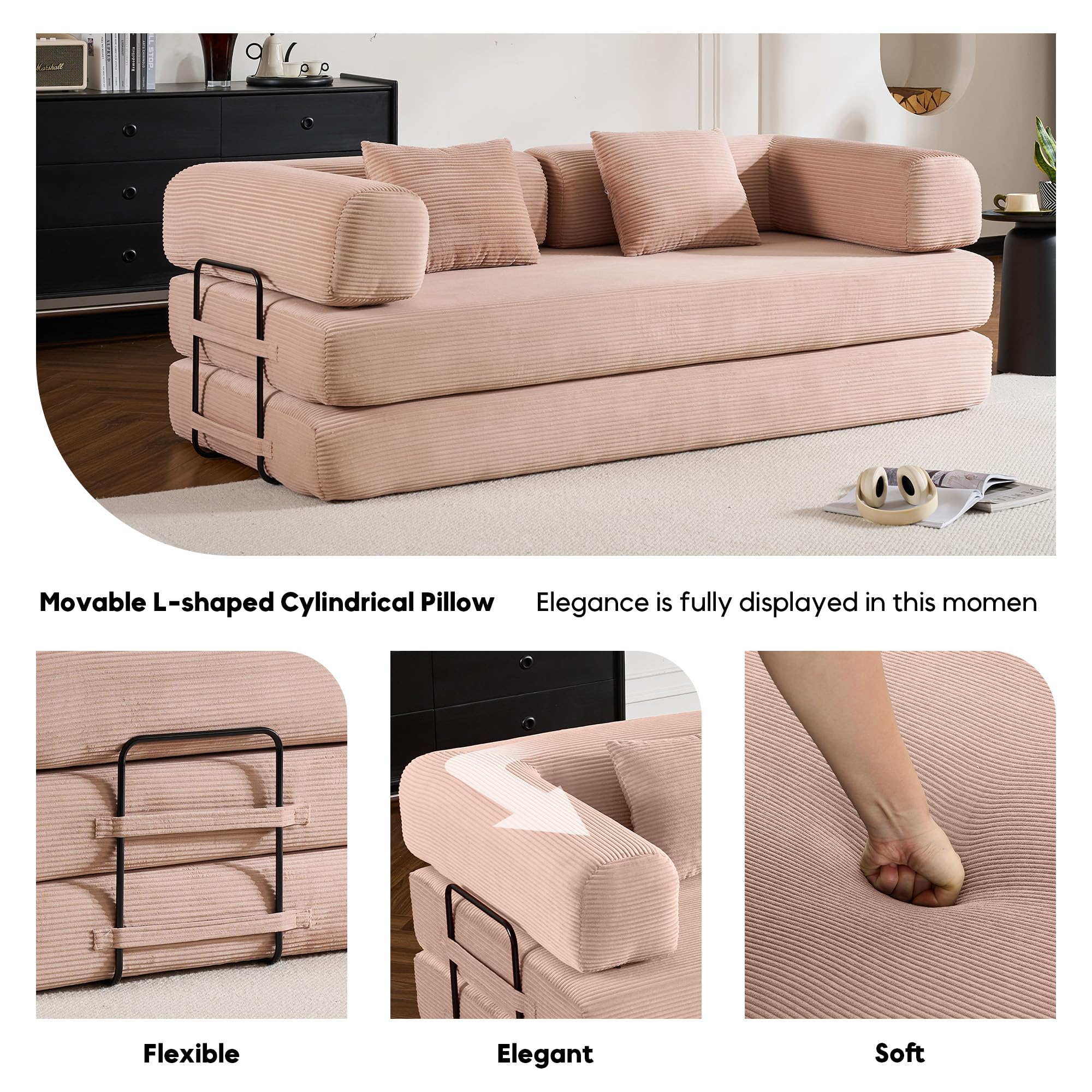 ZEIINPA 59“ Convertible Floor Sofa Bed, 5-in-1 Futon Sofa Bed Pull Out Sleeper Couch, Modern Corduroy Compressed Loveseat, Modular Boneless Couches for Living Room, No Assembly Required, Beige