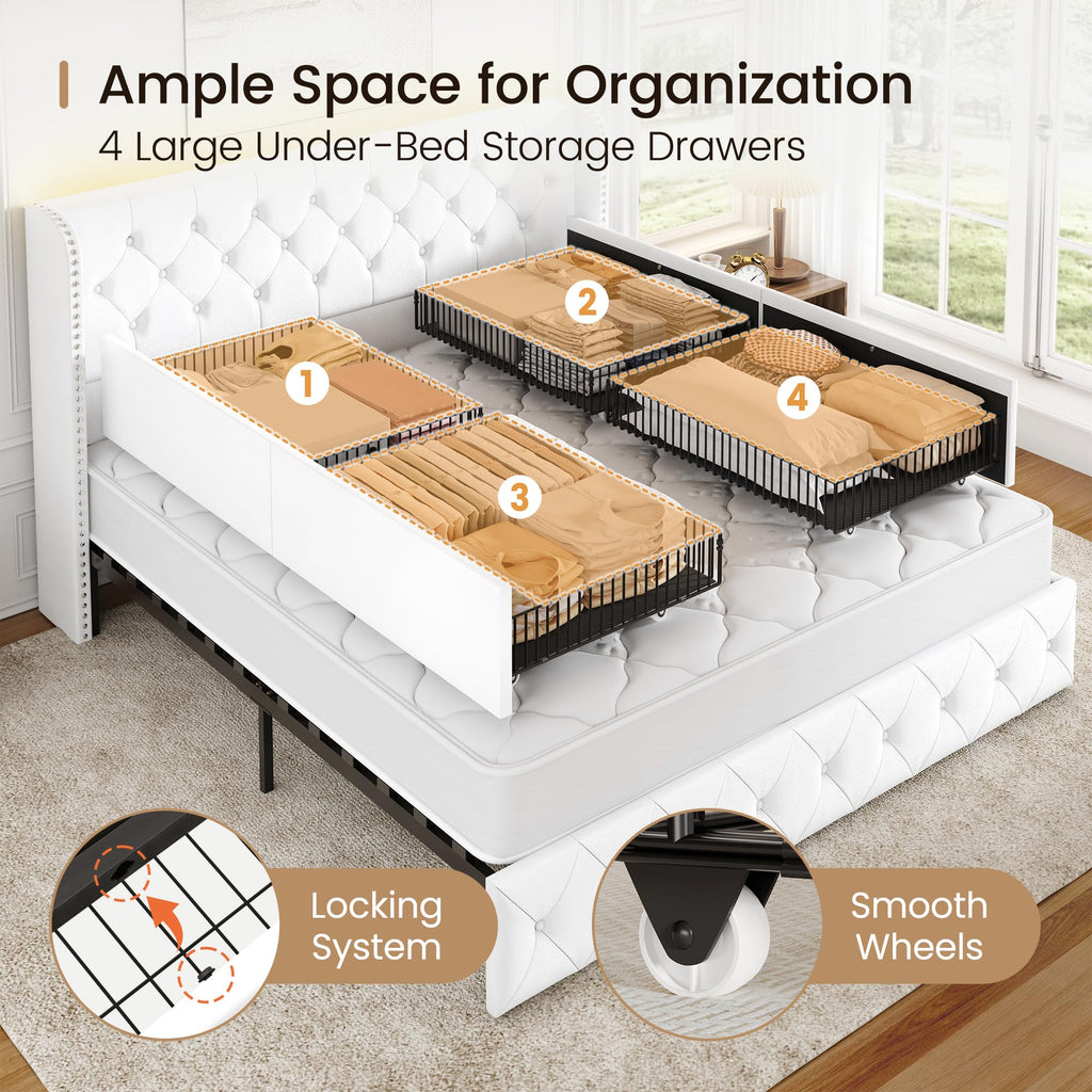 BRELTAM Full Size Bed Frame with Storage Drawers and Wingback Headboard Linen Upholstered Platform Bed Frame Tufted Beds with Heavy Duty Wood Slats, Noise Free, Easy Assembly, Beige