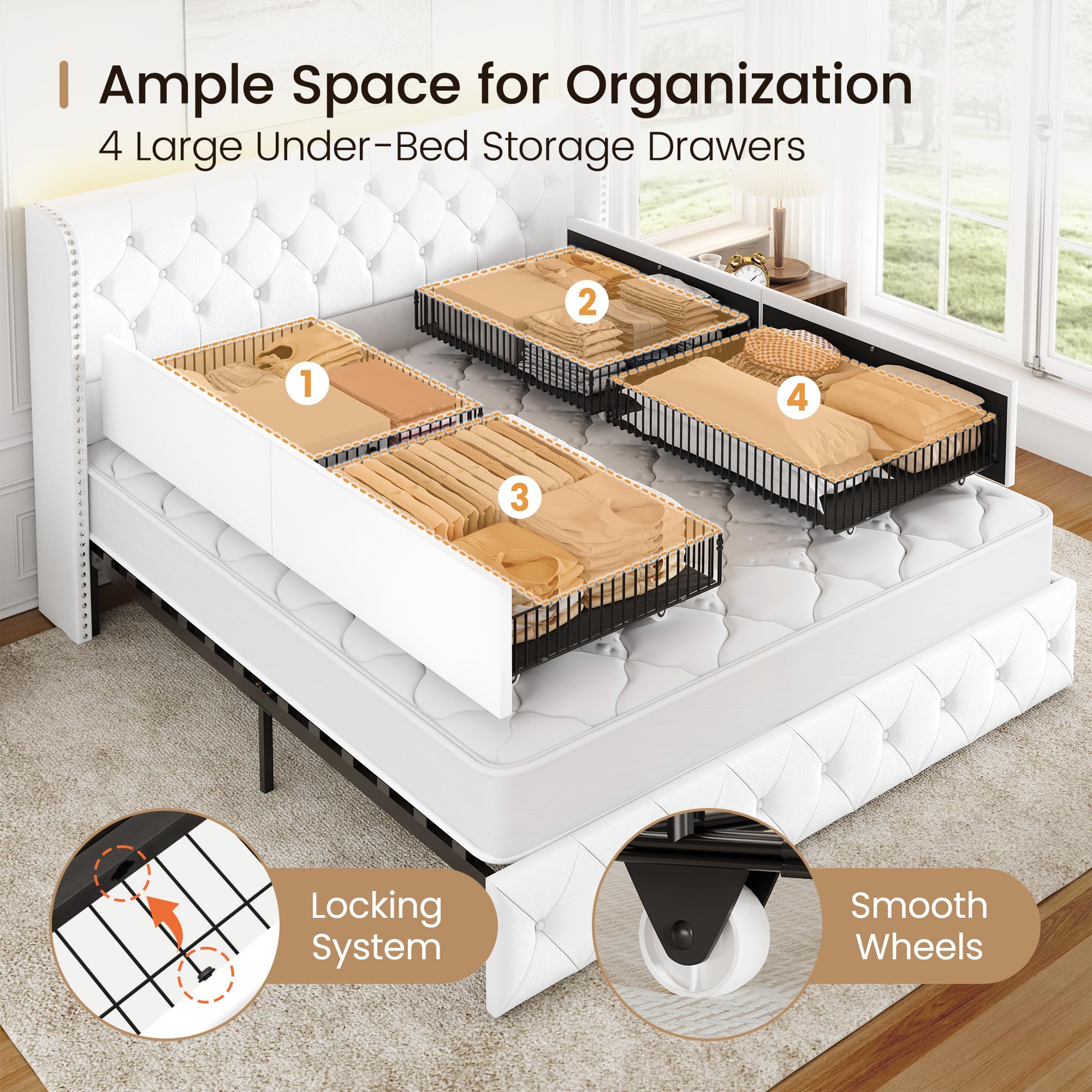 BRELTAM Full Size Bed Frame with Storage Drawers and Wingback Headboard Linen Upholstered Platform Bed Frame Tufted Beds with Heavy Duty Wood Slats, Noise Free, Easy Assembly, Beige