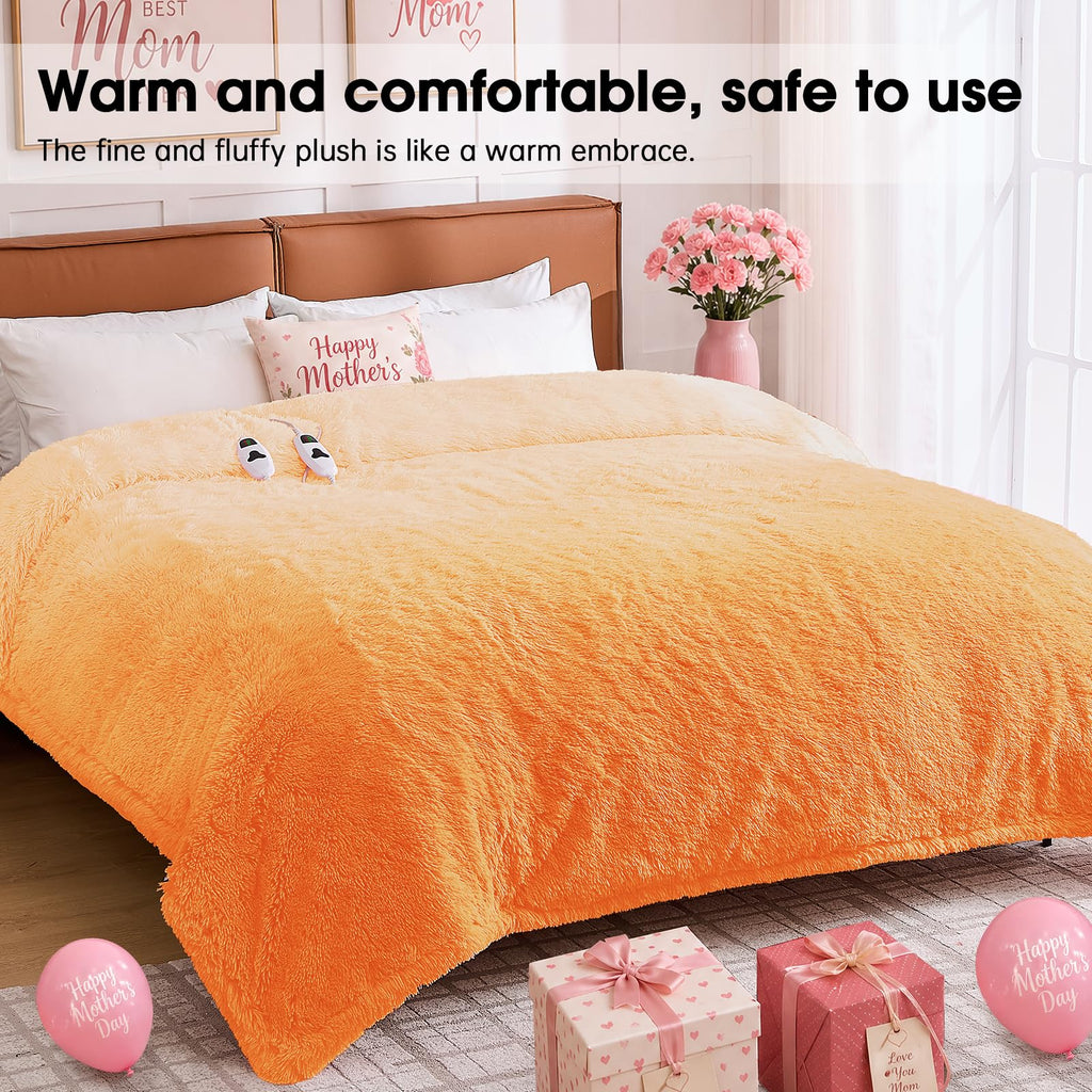 Heated Electric Blanket Queen–Faux Fur with Soft Thick SherpaWarm Winter Birthday Gifts for Women Grandma,Dual Control,10 Heat Settings,5 Time Settings, 84x90, Beige