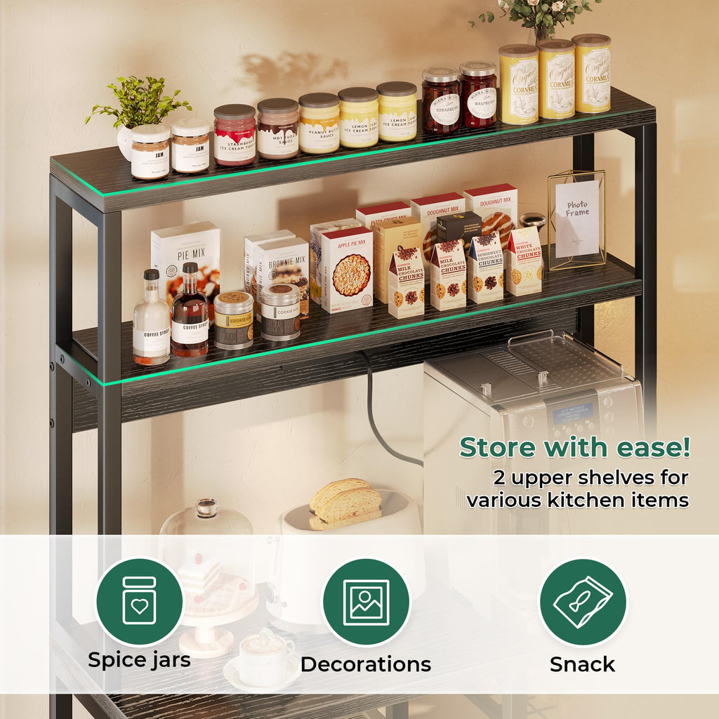 SUPERJARE Bakers Rack with Power Outlet, 35.4 Inches Coffee Bar with Wire Basket, Kitchen Microwave Stand with 6 S-Shaped Hooks, Open Storage Shelves, Black