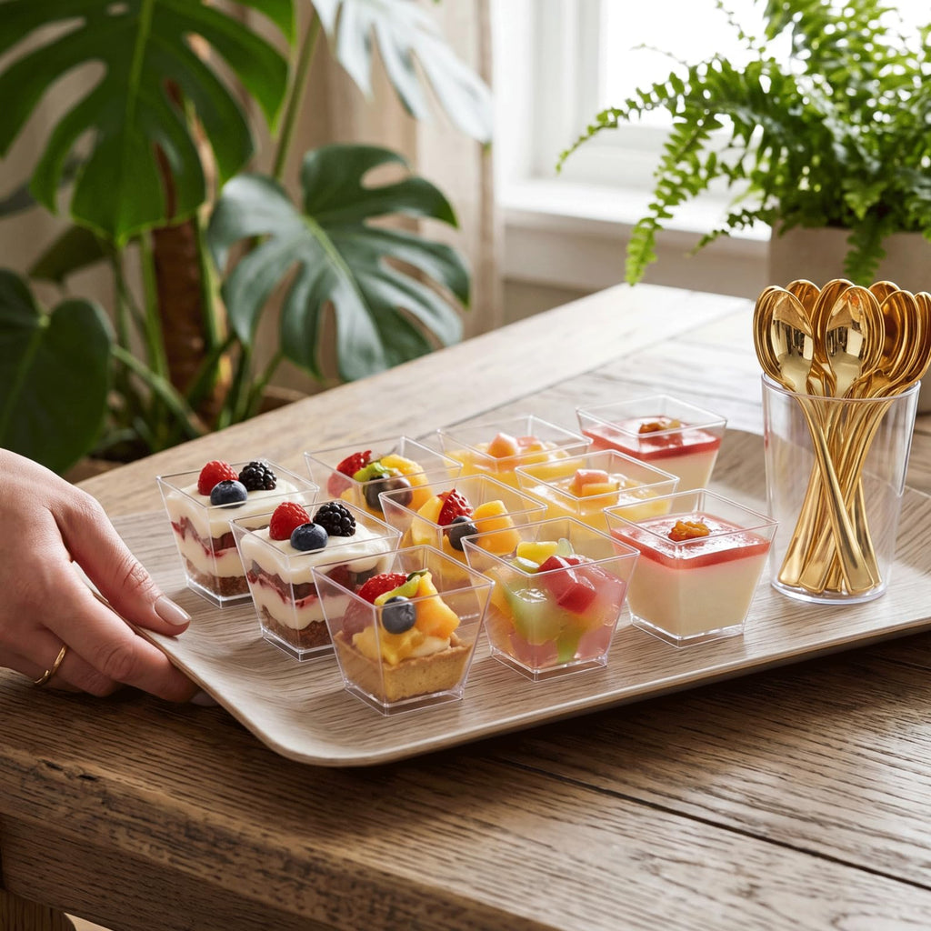 supernal 2oz Square Plastic Mini Dessert Cups with Gold Spoons,Parfait Appetizer Cup,100pcs Cups,100pcs Gold Spoons,Perfect for Birthday,Party,Wedding