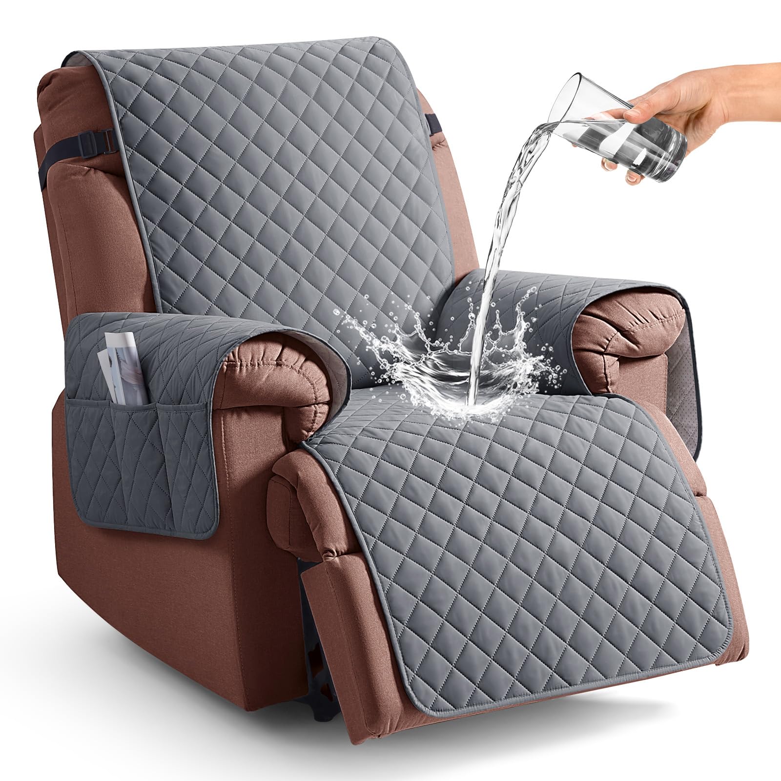 KinCam 100% Waterproof Recliner Chair Cover, Reclining Couch Covers for Pets, Dogs, Recliner Couch Slipcover Furniture Protector with Elastic Straps for Kids(23.6", Beige White)