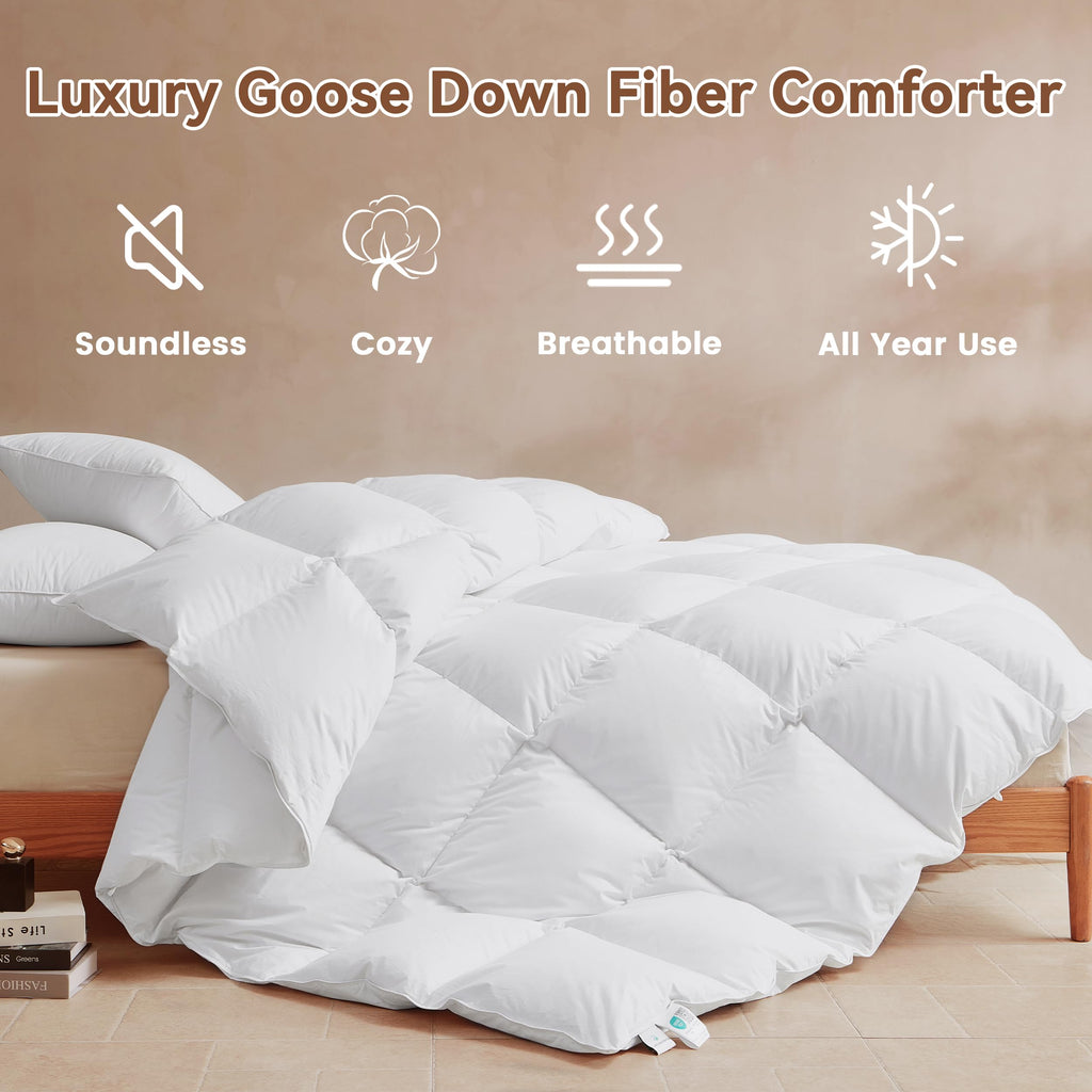 Goose Feather Down Fiber Comforter King Size, All Season Duvet Insert, 750+FP Hotel Bed Comforter, Ultra Soft 100% Organic Cotton Fabric, 106x90 Inches