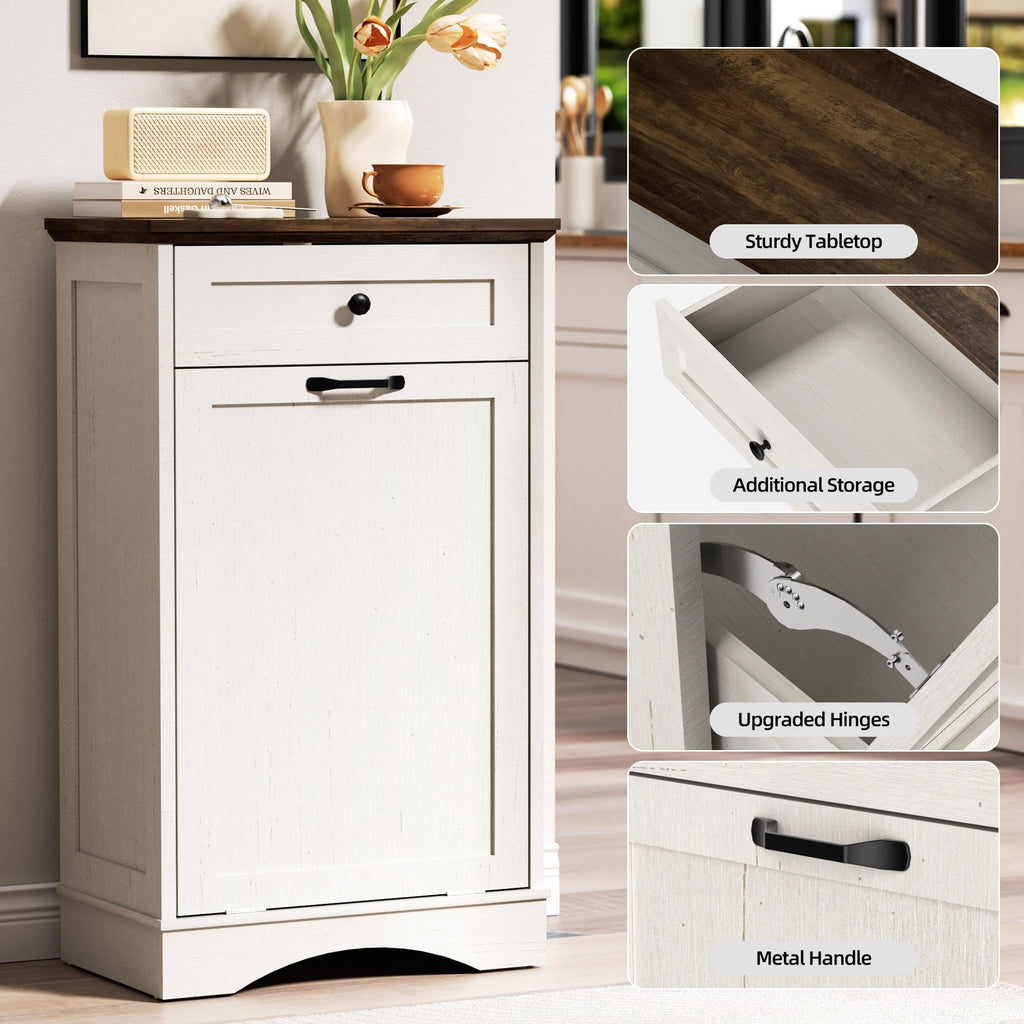 AHB Double Tilt Out Trash Can Cabinet Freestanding Kitchen Trash Can, 2x13 Gallons Hidden Garbage Recycling Cabinet with Hideaway Drawers Pet Proof Trash Can Holder for Kitchen, Antique White