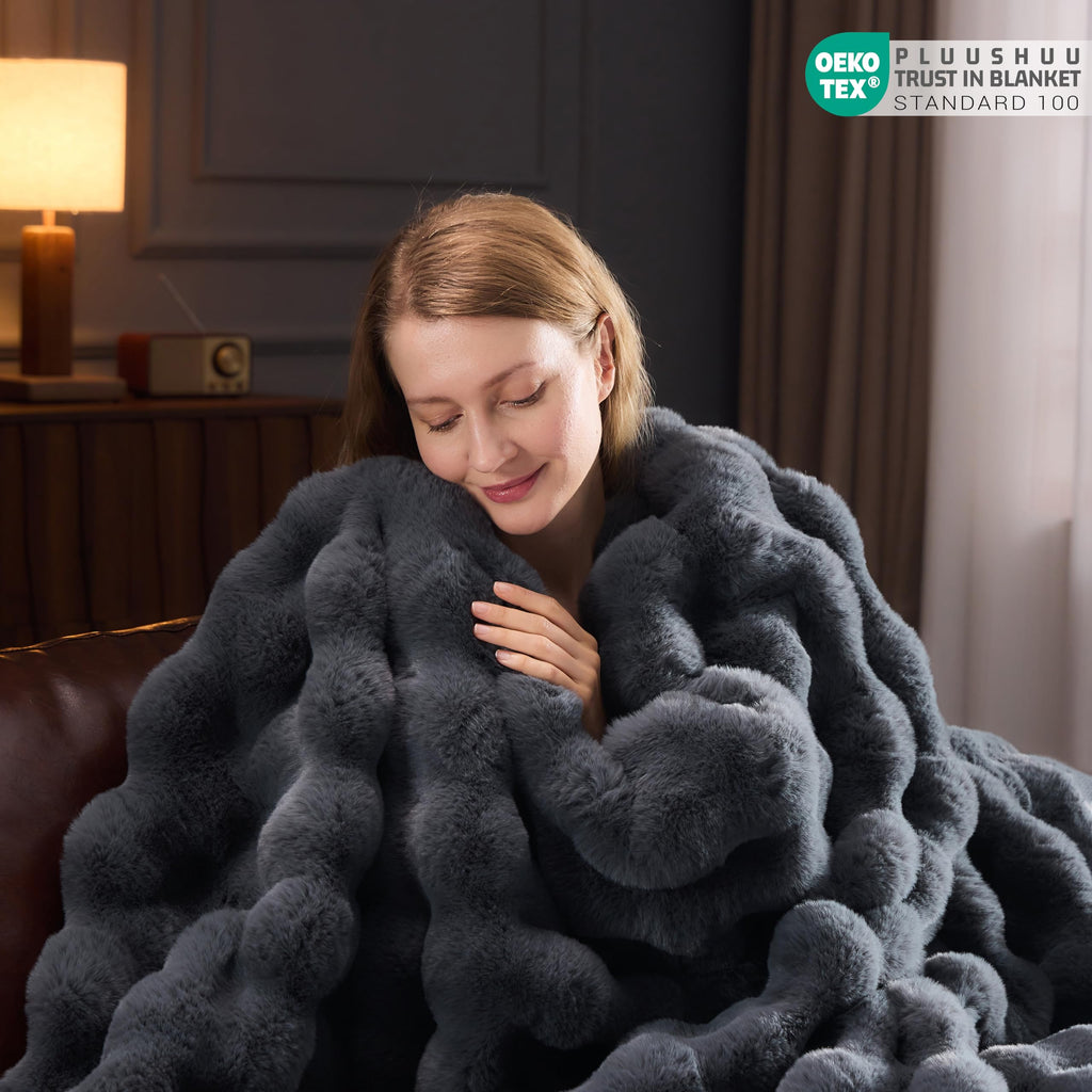Faux Fur Throw Blanket for Couch, Fluffy Fuzzy Plush Bubble Blanket, Soft Warm Cozy Shaggy Rabbit Blanket, Luxury Decorative Gifts for Sofa Bedroom Living Room, 60x50inch (Beige)