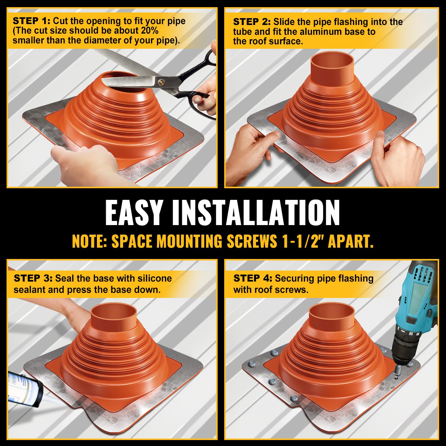 VIVIDA #1 Metal Roof Pipe Flashing, Metal Roofing Pipe Boot Kit, High Temp Silicone Vent Boot, for Tube OD 1/4" to 2", Square Base, Screws & Hex Socket Included, 1 Pack, Black
