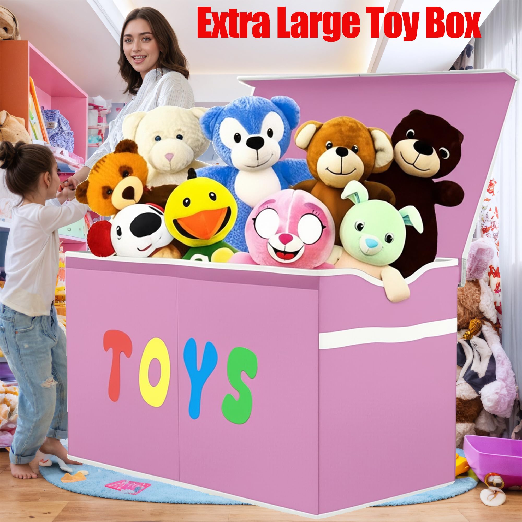 YOLOXO Toy Box Chest, Collapsible Sturdy Storage Bins with Lids, Extra Large Kids Toy Storage Organizer Boxes Bins Baskets for Kids, Boys, Girls, Nursery Room, Playroom, Closet (BLACK)