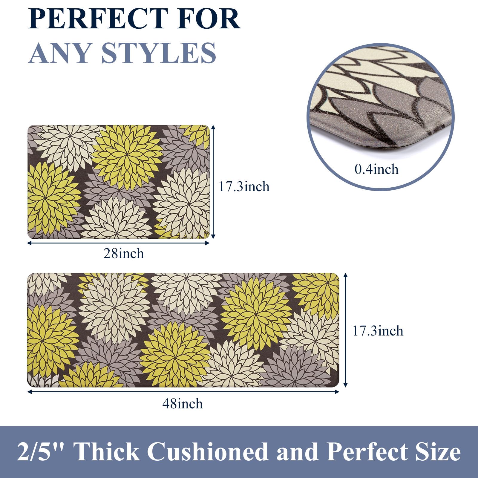 HEBE Anti Fatigue Kitchen Rugs Sets of 2, Non Slip Kitchen Mats for Floor, Waterproof Cushioned Comfort Standing Carpet for Kitchen Sink, Home Office, Laundry Room