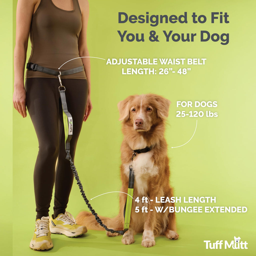 Tuff Mutt Hands-Free Waist Leash for Dog Walking, Running and Hiking, Carabiner Clip, Adjustable Belt with Double Handle, Reflective Bungee Design for Large & Medium Dogs