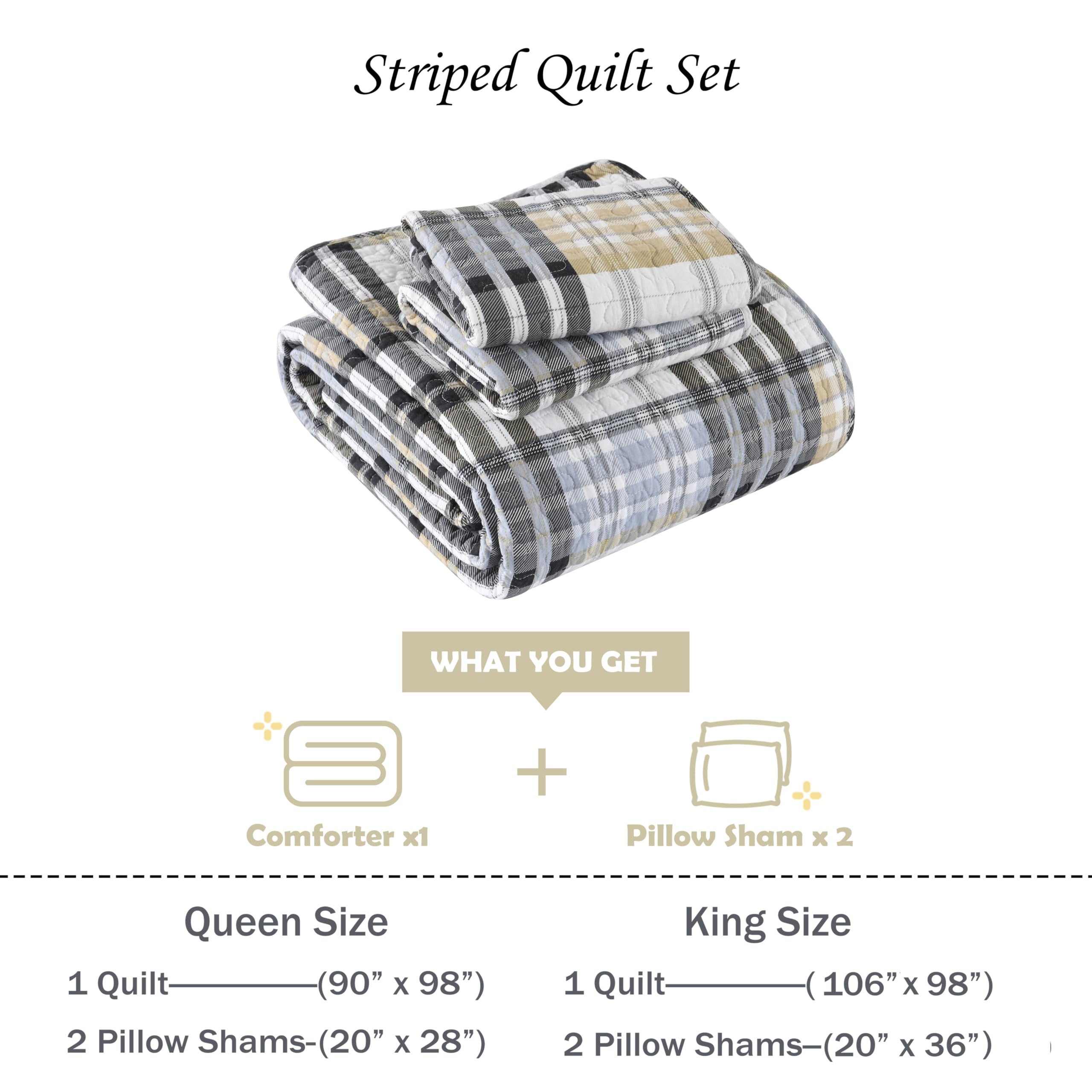 Yellow Quilts Queen Size, Paisley Comforter Set Queen Cotton Bed, Yellow Grey White Comforter, Striped Bedding Queen Size, Lightweight Luxury Bedspread,3 Piece