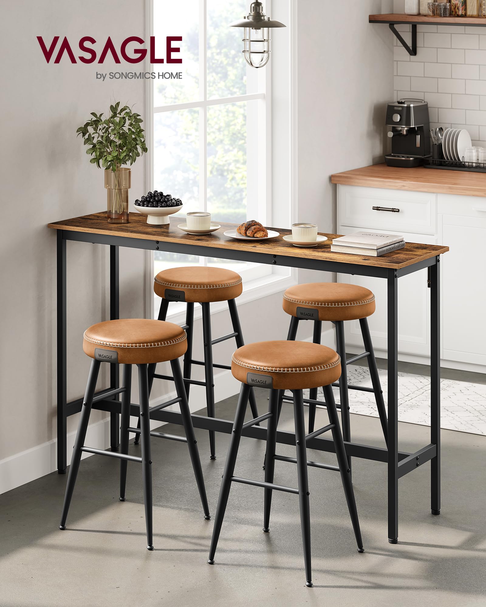 VASAGLE Bar Table, Kitchen Dining Table, High Top Pub Table, Bar Height Cocktail Table for Living Room Party, Sturdy Metal, 15.7 x 39.4 x 35.4 Inches for Narrow Spaces, Ebony Black and Ink Black