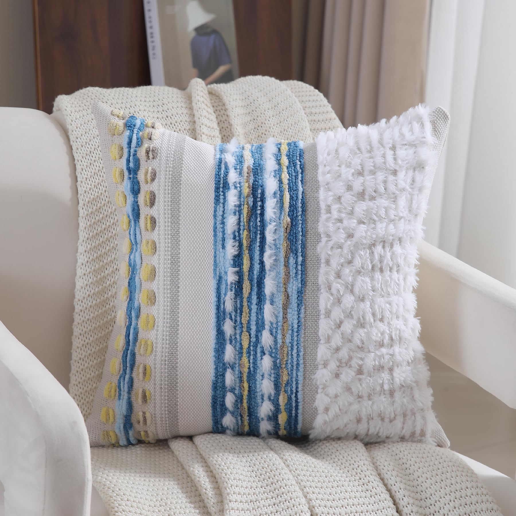 Boho Pillow Covers 18x18 Set of 2 for Couch-Modern Farmhouse Sofa Decorative Throw Pillow Covers Textured Chenille Cushion Covers Outdoor Netural Bohemian Pillow Cases Square