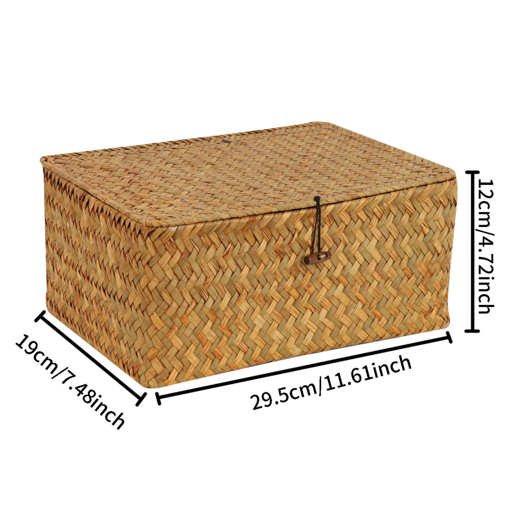 FEIALNDUO Wicker Shelf Baskets with Lid,Seagrass Storage Basket Bins Rectangular Handwoven Basket Boxes for Shelves Desktop Home Organizer (Coffee, X-Small)