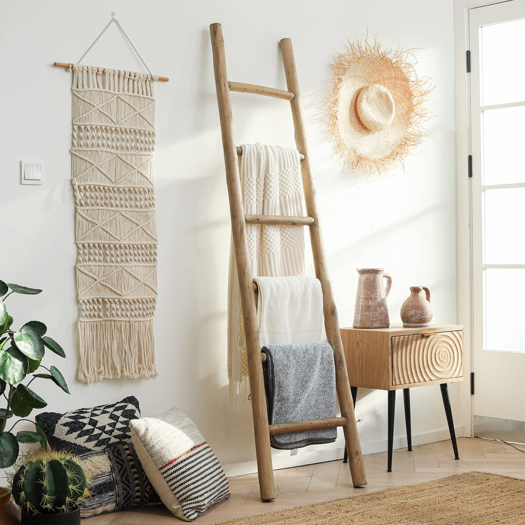 FUIN 57in Wood Blanket Ladder Living Room Decorative Wall Leaning Farmhouse Quilt Display Holder Rustic Wooden Towel Rack for Bathroom, Black