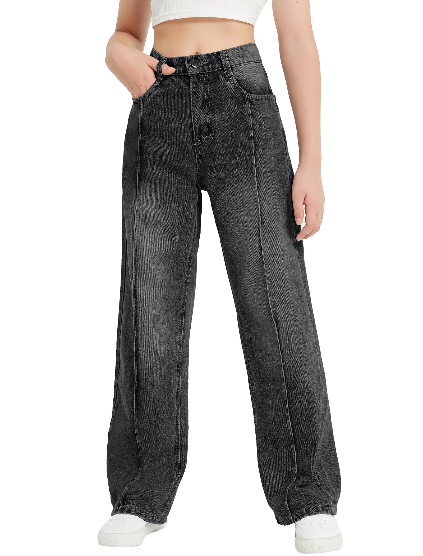 EXARUS Girls Jeans Baggy Wide Leg Cute Teen Tween Long Denim Pants Clothes Tall Junior Elastic Band Pockets