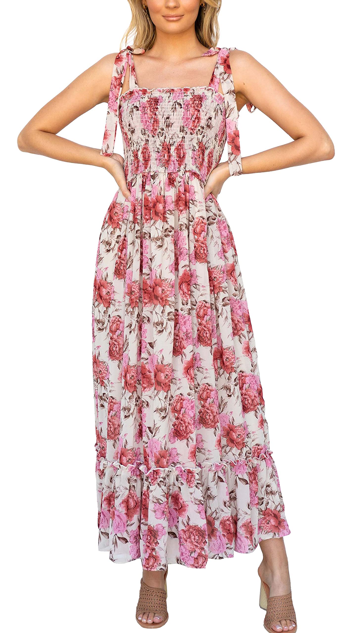 Imily Bela Womens Summer Floral Maxi Dress Boho Tie Strap Sleeveless Smocked A Line Beach Sundress Long Dresses