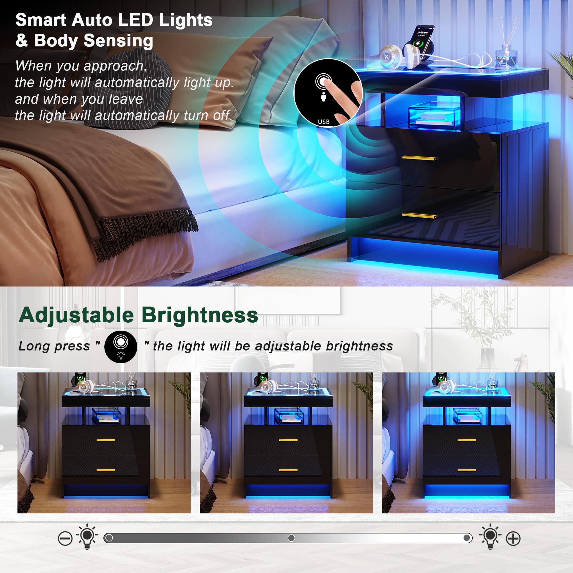 HNEBC LED Nightstand with Charging Station,Smart Bedside Table with Motion Sensor Lights,3 Drawers,Tempered Glass Top,High Gloss End Table with 3 Color Lights for Bedroom, Living Room,Office-Black