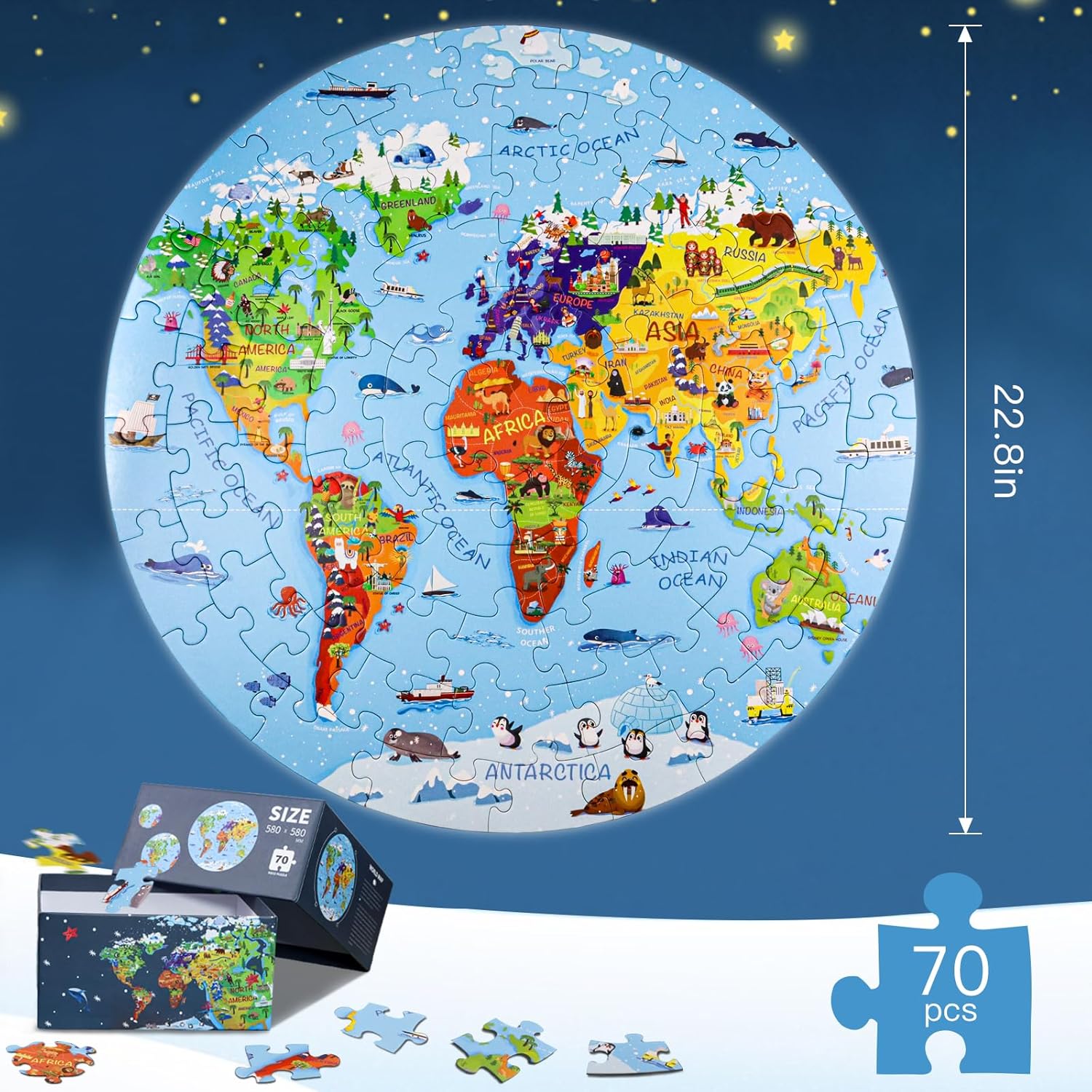DIGOBAY World Map Jigsaw Puzzle for Kids 4-8, 70 Piece Large Round Floor Puzzles for Kids Ages Toddler Puzzle Globe Geography Games Educational Toys Birthday for Children