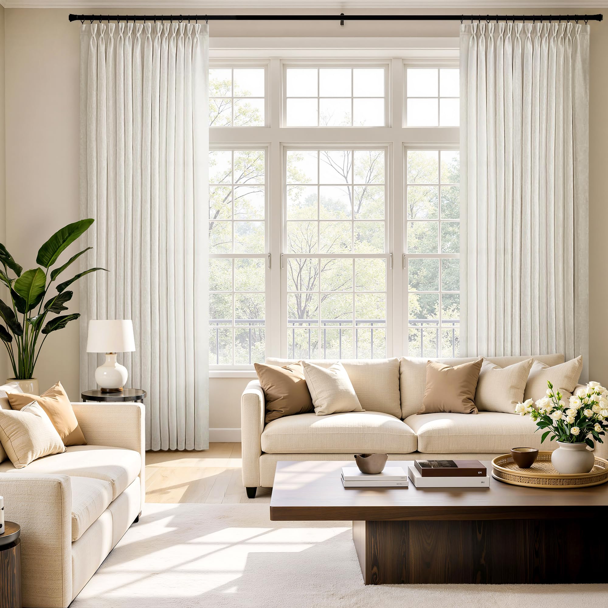 MIULEE Pinch Pleated Linen Curtains 84 Inches Long 2 Panels for Bedroom Living Room, Soft Thick Linen Textured Window Drapes Back Tab Hooks Semi Sheer Light Filtering Farmhouse，Beige