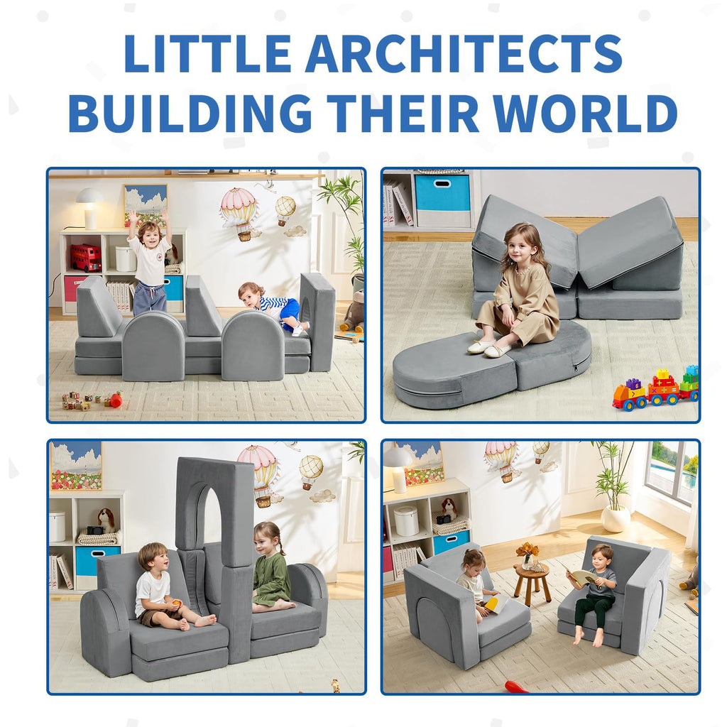 wanan Kids Couch 10PCS, Modular Kids Play Couch for Playroom Bedroom, 10 in 1 Multifunctional Kid Sofa for Playing, Creativing, Sleeping, Indoor Toddler Couches for Boys and Girls(Dark Grey)