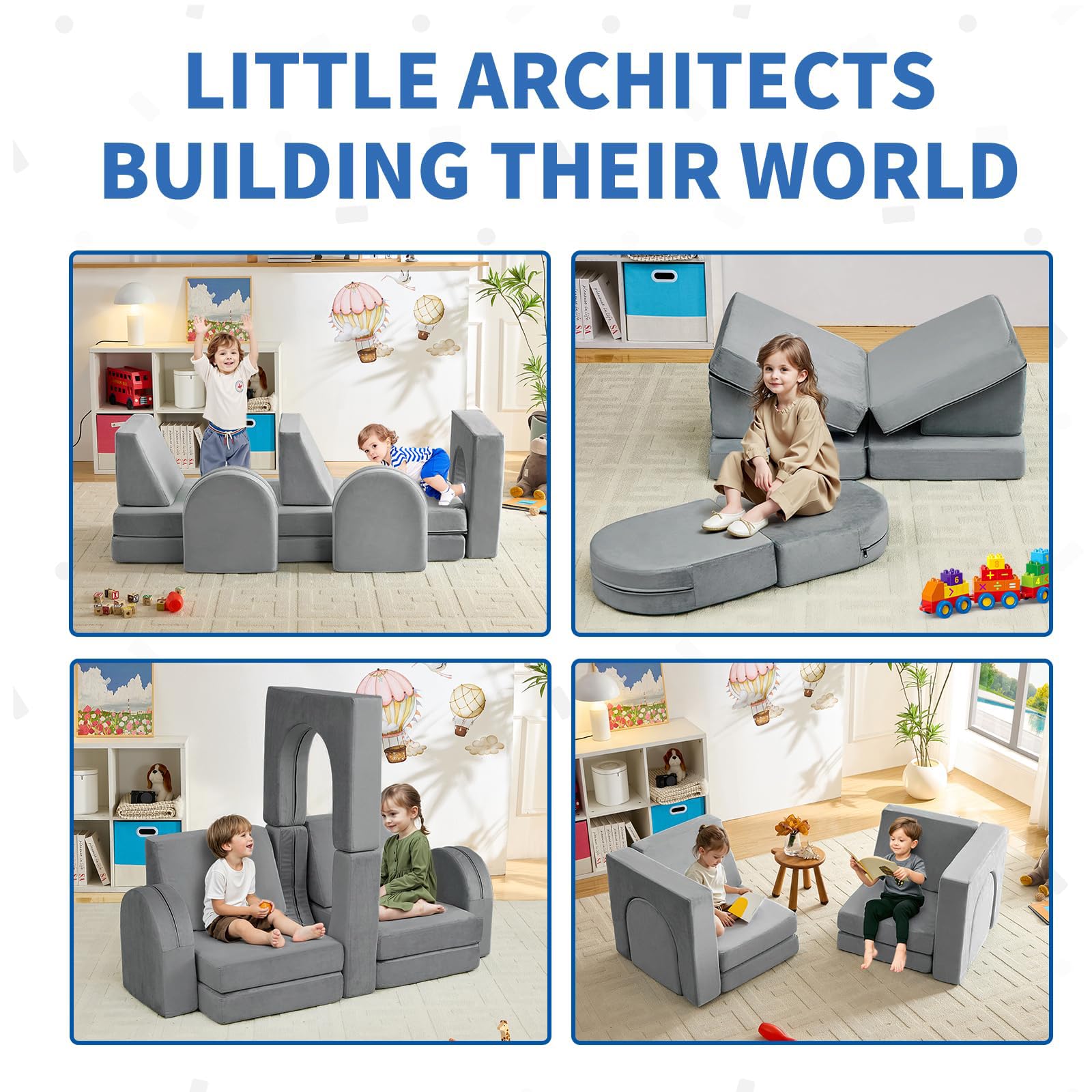 wanan Kids Couch 10PCS, Modular Kids Play Couch for Playroom Bedroom, 10 in 1 Multifunctional Kid Sofa for Playing, Creativing, Sleeping, Indoor Toddler Couches for Boys and Girls(Dark Grey)