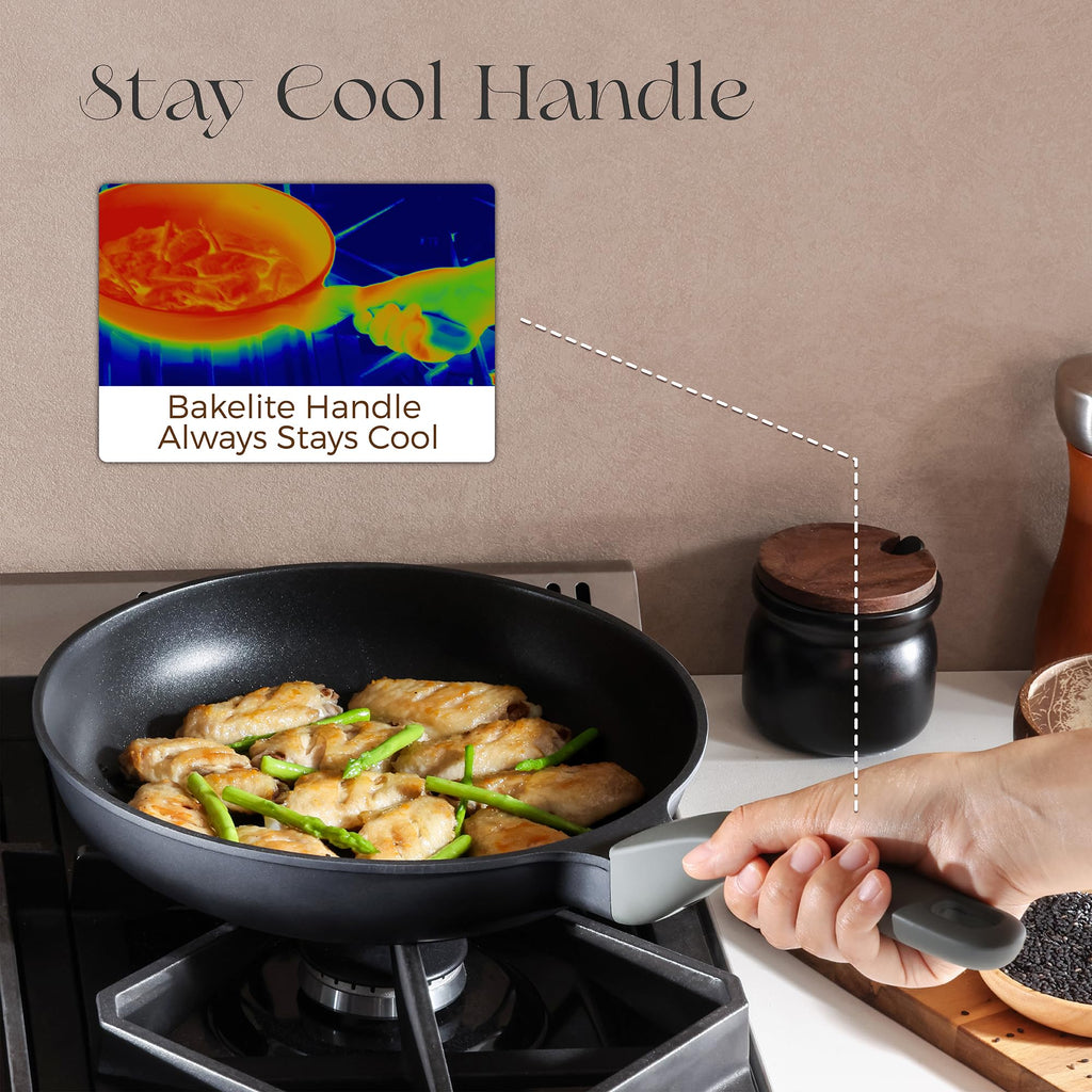 PRICUSIS Nonstick Frying Pan, 8/10/12 Inch Skillet with Stay Cool Handle, Fully Coated, Induction Compatible, 100% Dishwasher Safe, PFOA Free（10 Inch, Black Sesame）