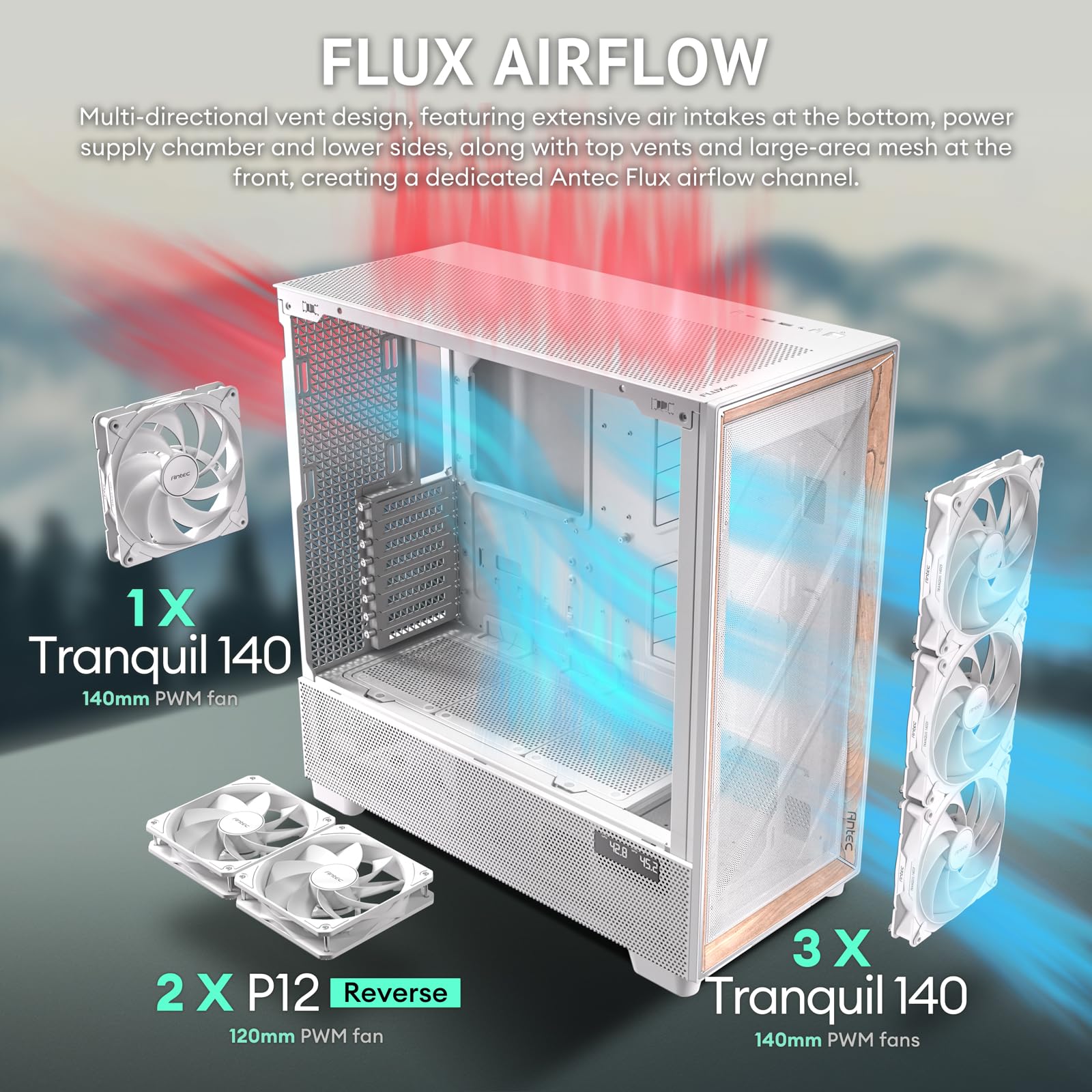 Antec Flux Pro, 6 x PWM Fans Included, High-Airflow Front Panel with Walnut Wood, iShift PSU 90° Mount, USB3.0 x 2, Type-C, 420mm Radiator Support, Temp. Display, Full-Tower E-ATX PC Case