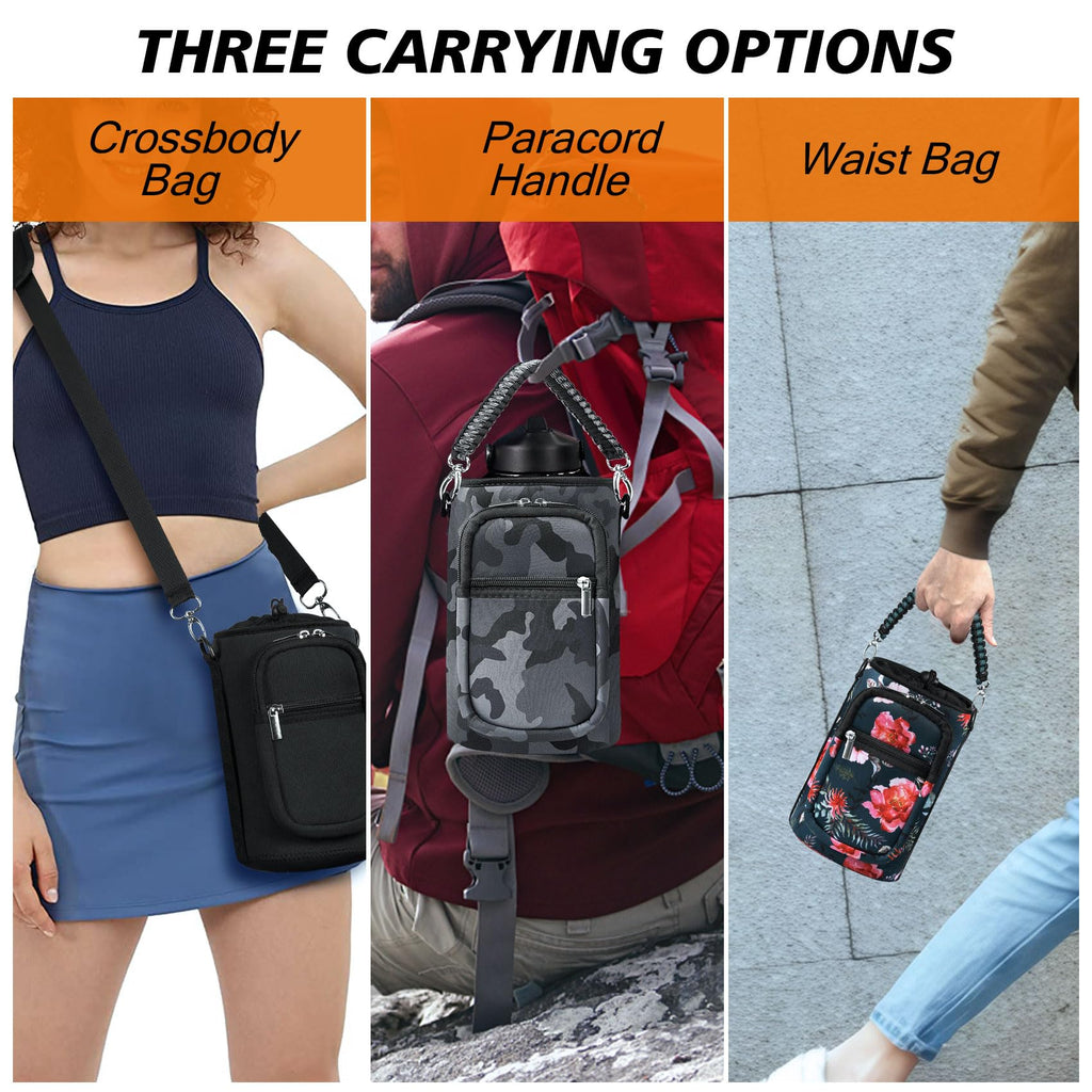 AceTreker 32/40/64/128 oz Neoprene Insulated Water Bottle Carrier Bag, Sling Bag Sleeve Pouch Holder with Strap & Paracord Handle and 2 Pocket for Travelling, Hiking, Camping