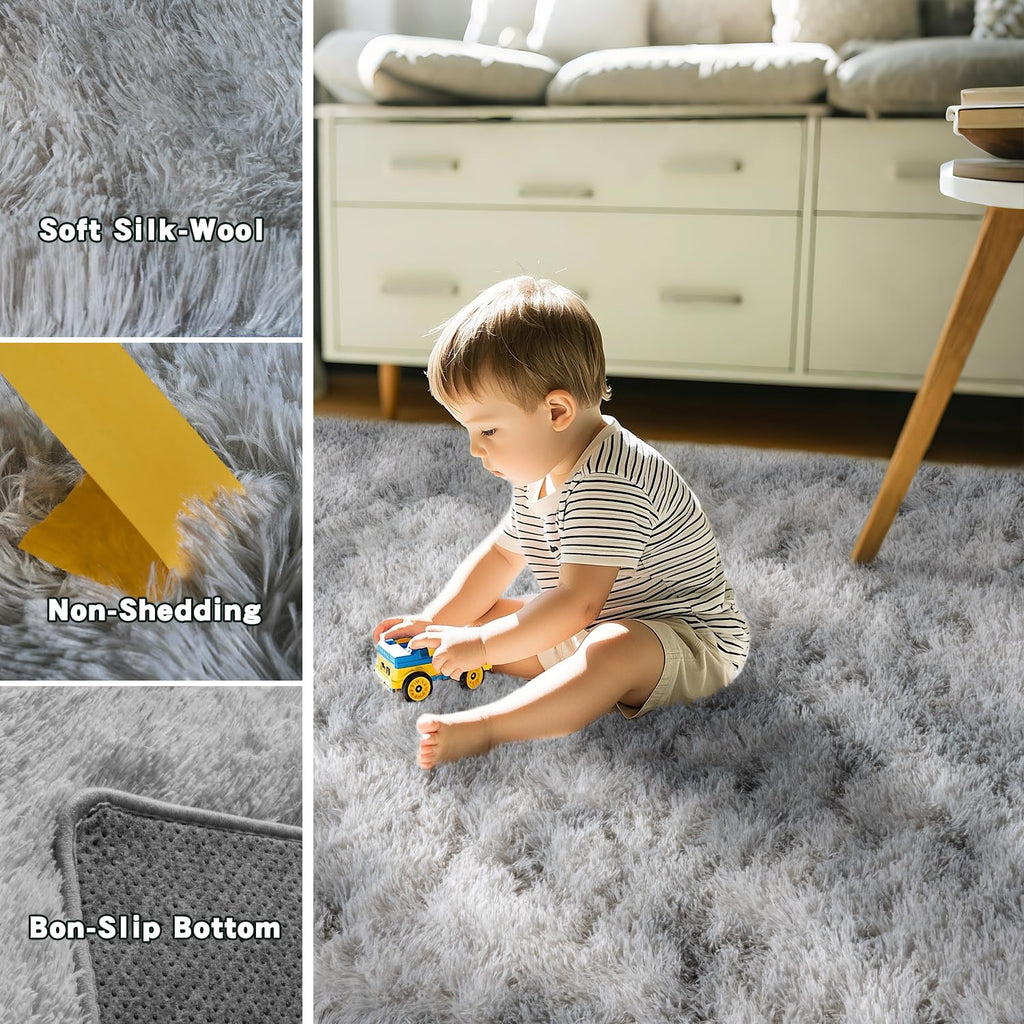 Beige Fluffy Rug for Bedroom 4x6ft - Ultra Soft & Non Slip Shaggy Area Rug, Comfy Durable Carpet for Living Room Kids Room Teens Dorm Home Decor, 1.7'' Thick Indoor Plush Carpets