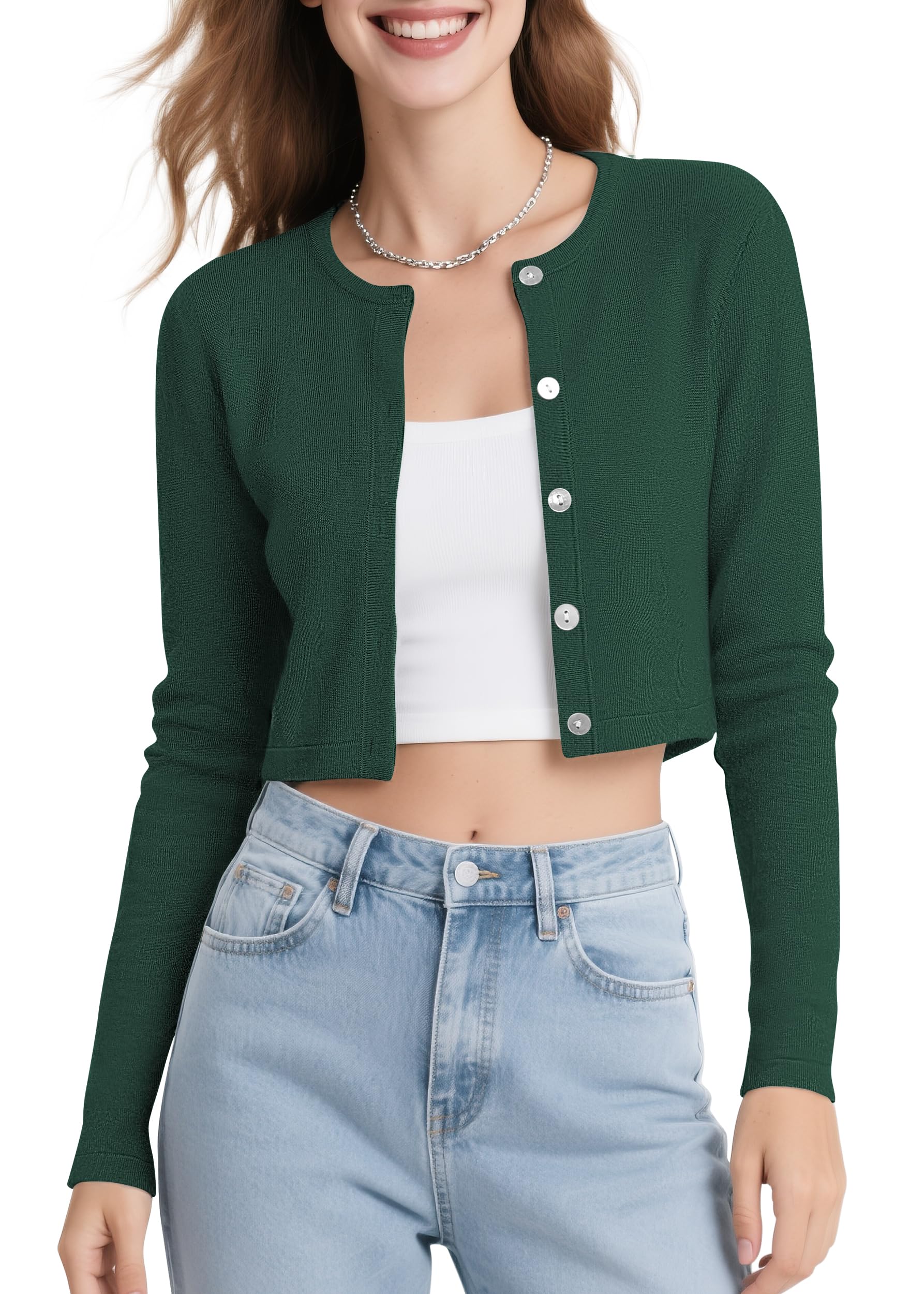 Urban CoCo Women's Long Sleeve Button Up Cropped Cardigan Sweaters for Women Crew Neck Short Bolero Shrug for Dresses