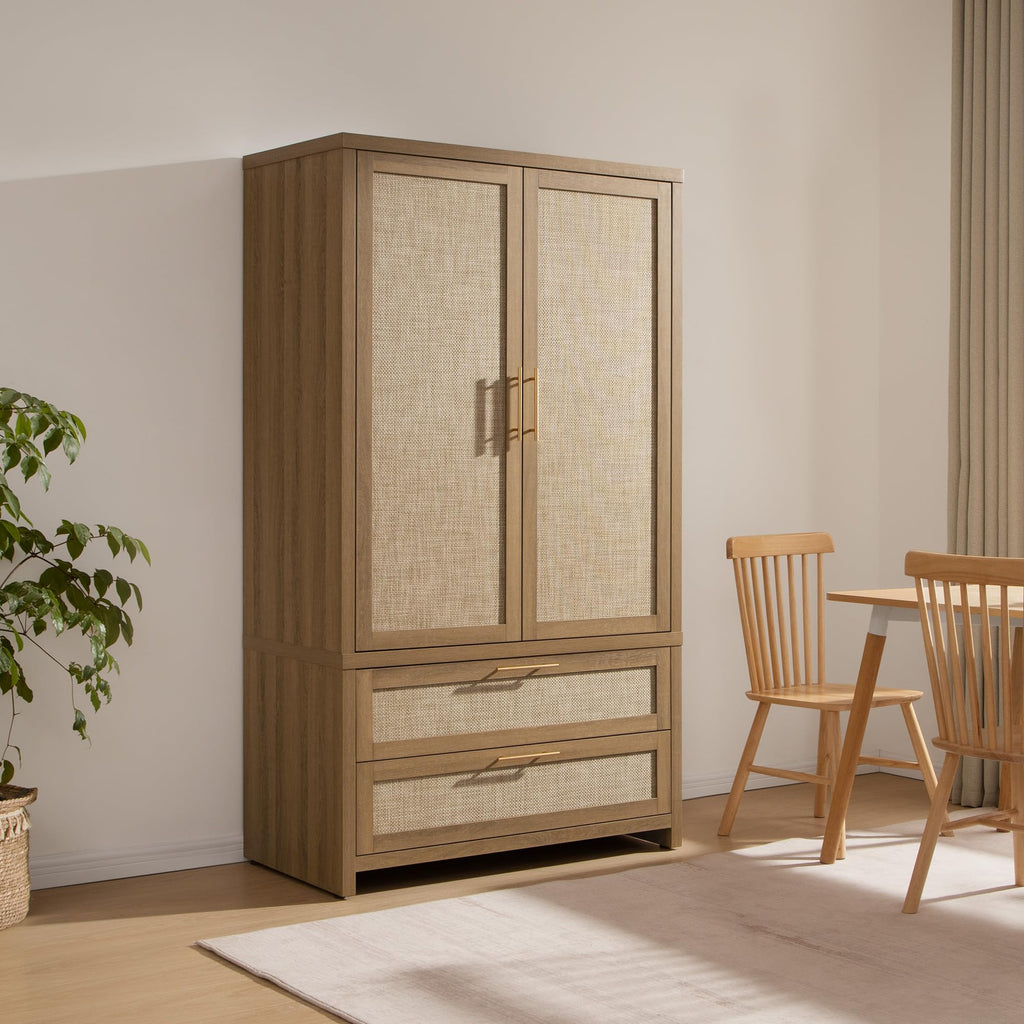 SICOTAS Rattan Armoire Wardrobe Closet Cabinet, 71" Wardrobe Storage Cabinet with Doors, 2 Drawers and Hanging Rod, Boho Large-Capacity Deep Armoire Clothes Organizer for Bedroom, Black Oak