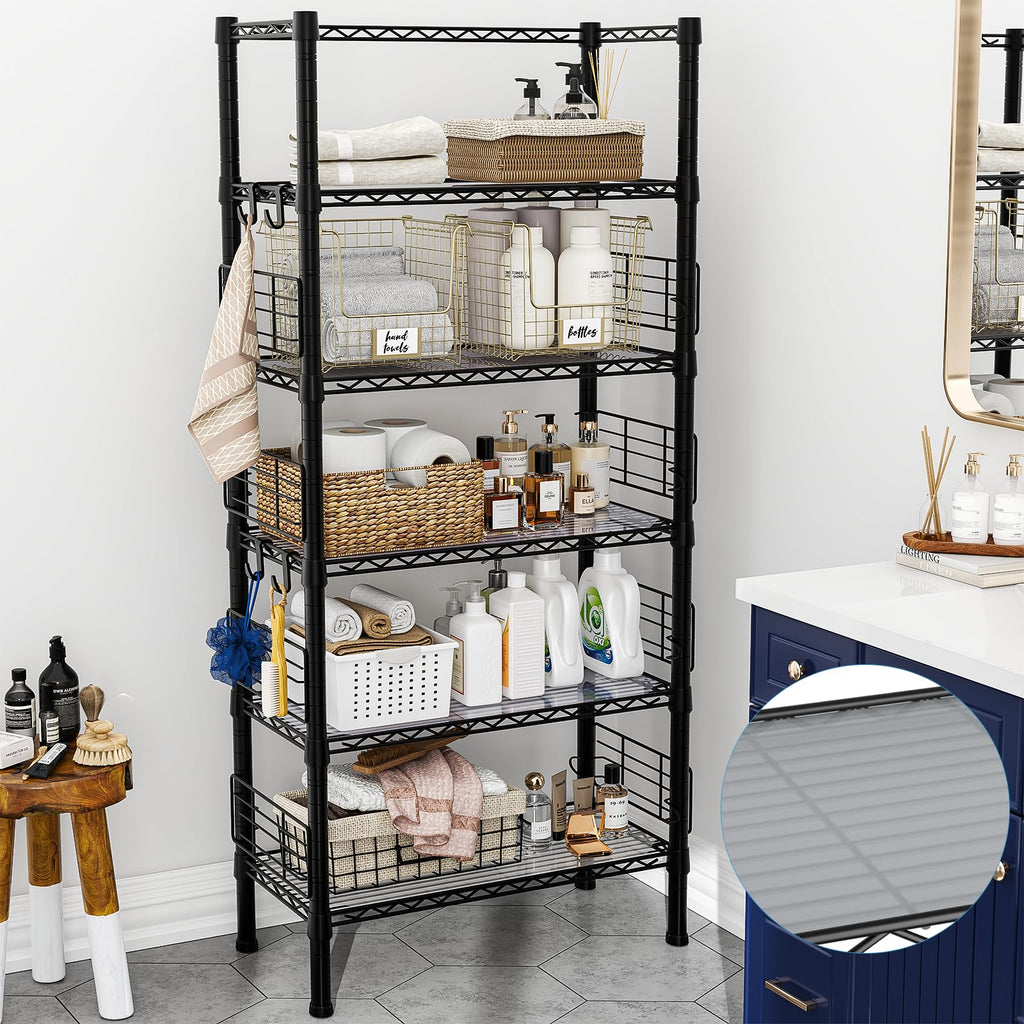 FUTASSI Metal Storage Rack, Storage Organizer Shelves for Kitchen, Bathroom, Living Room, Balcony and Garage, 5 Tiers Narrow Bookshelf, 21.2" W x 9.4" D x 59.2" H, Load 400lbs, Black