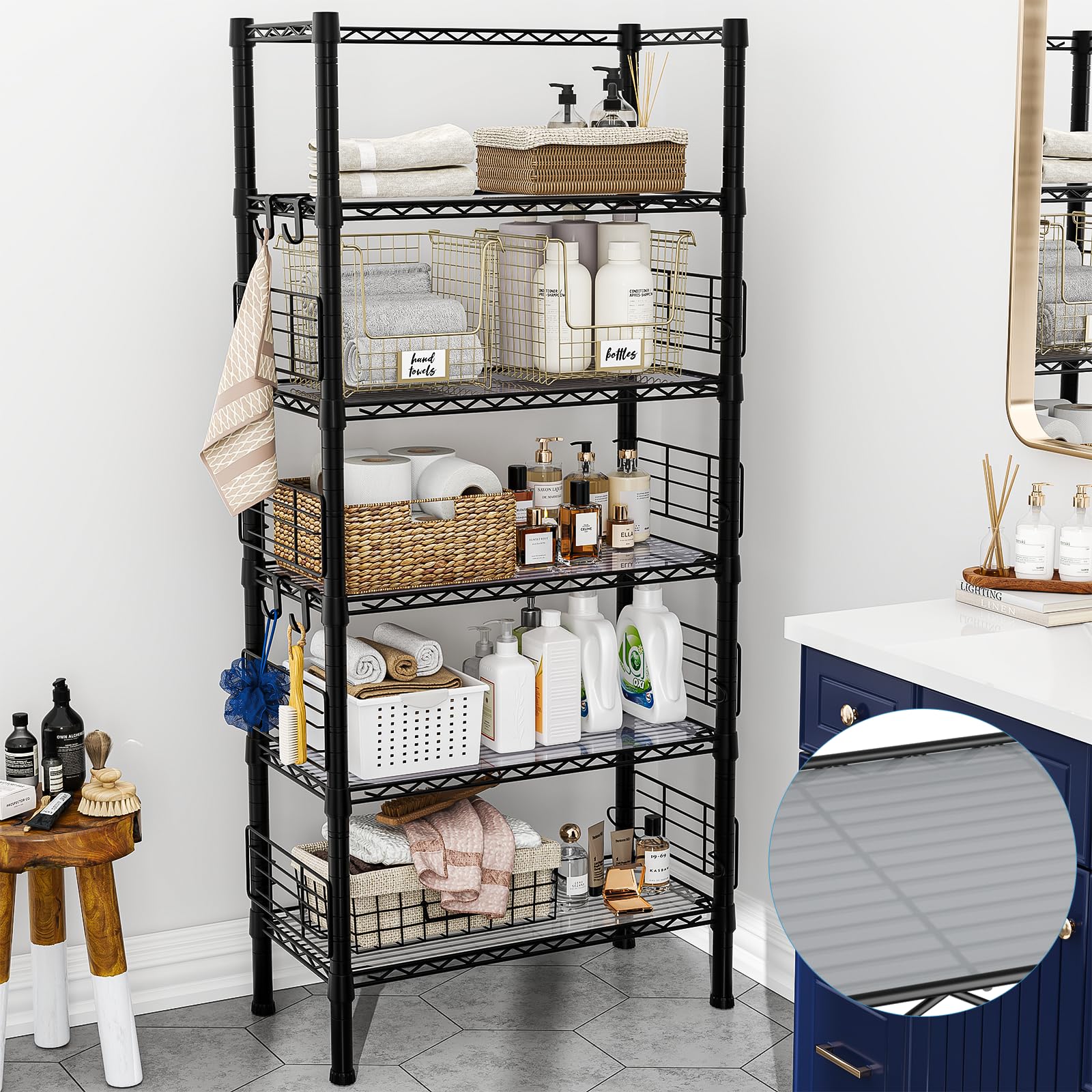 FUTASSI Metal Storage Rack, Storage Organizer Shelves for Kitchen, Bathroom, Living Room, Balcony and Garage, 5 Tiers Narrow Bookshelf, 21.2" W x 9.4" D x 59.2" H, Load 400lbs, Black