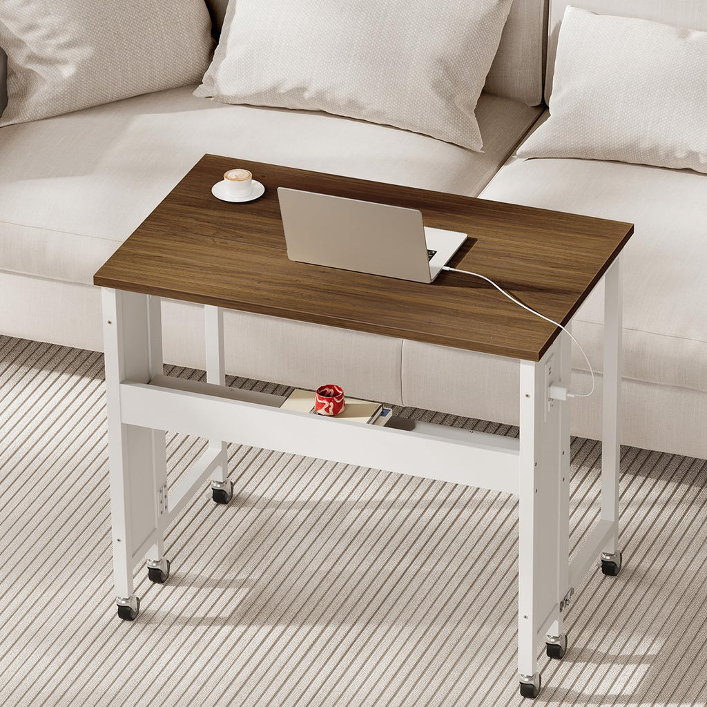 CHOEZON Folding Desk with Power Outlets, 31.5" Rolling Computer Table with Wheels, Portable Office Desk with Storage Shelf for Small Spaces Black TDN01UBB