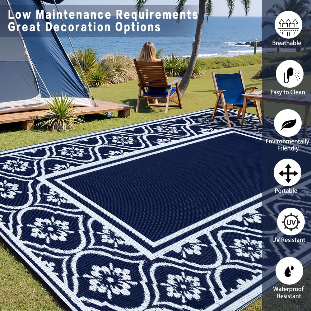 HUGEAR Outdoor Patio Rug 3'x5' Waterproof Outside Area Rugs Blue Reversible Plastic Straw Carpet for RV Deck Camping Entryance Porch Picnic Balcony Beach
