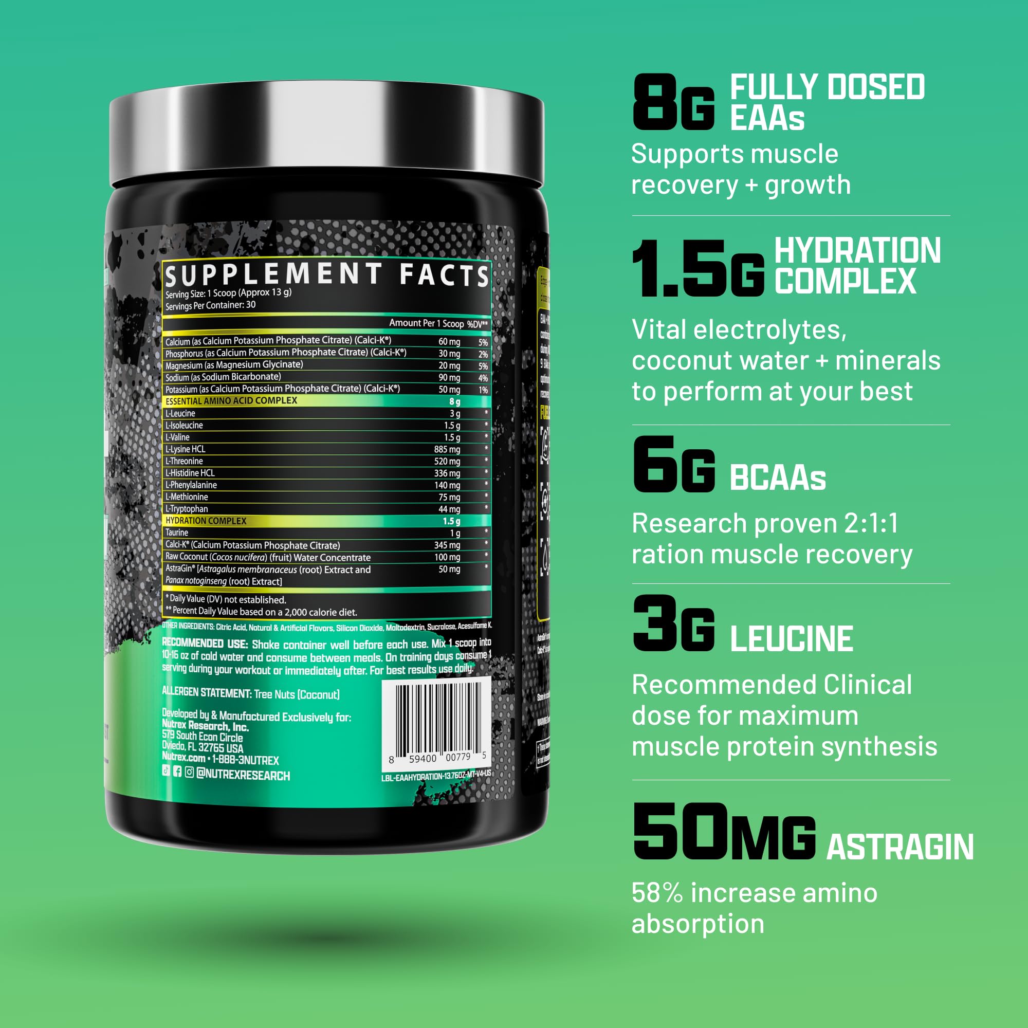Nutrex Research EAA Hydration | EAAs + BCAAs Powder | Muscle Recovery, Strength, Muscle Building, Endurance | 8G Essential Amino Acids + Electrolytes | Apple Pear 30 Servings