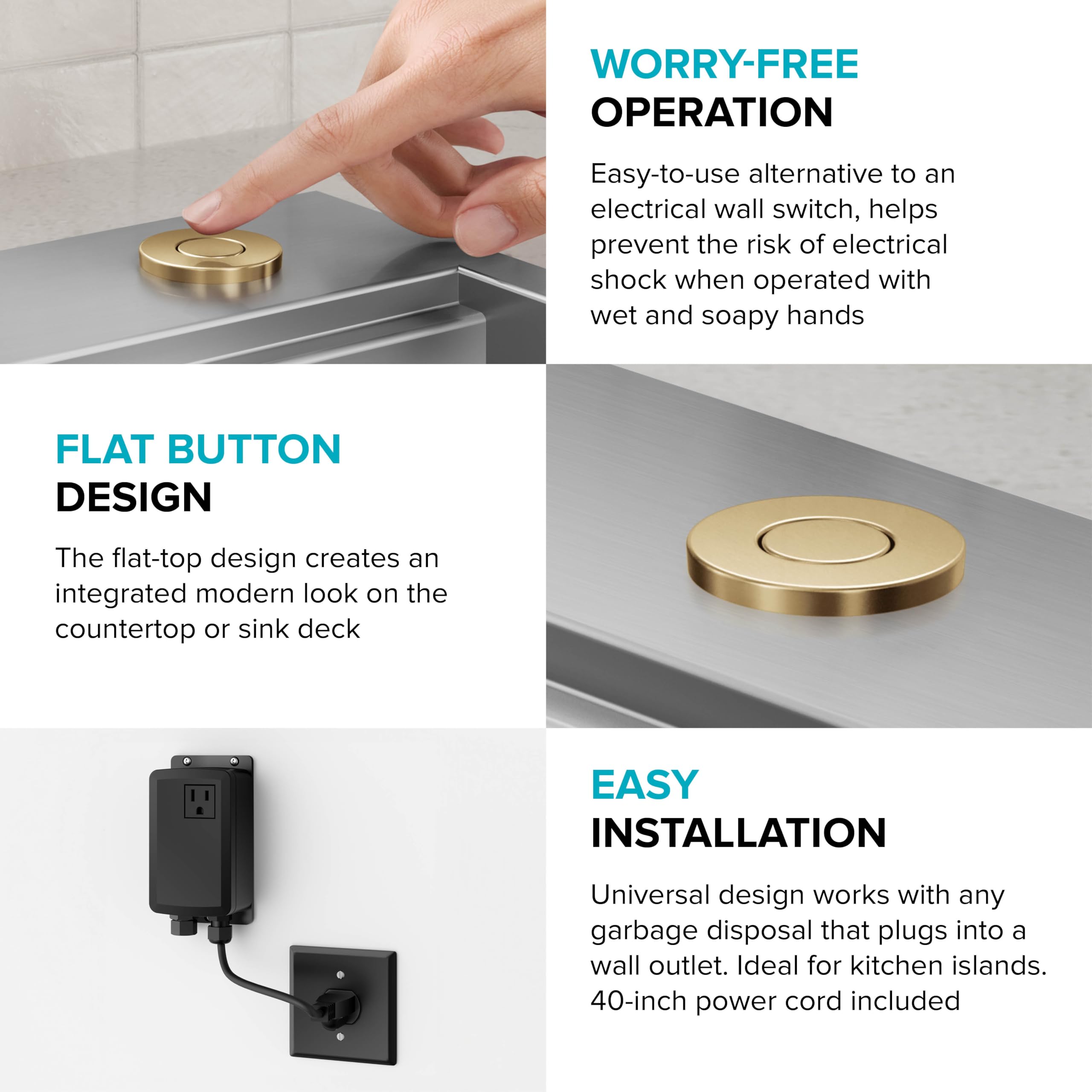 KRAUS Garbage Disposal Air Switch Kit with 2 Flat-Top Push Buttons in in Spot-Free Stainless Steel and Brushed Brass, AC Adapter, Power Cord, and Air Tube Included, KWDA-200BB