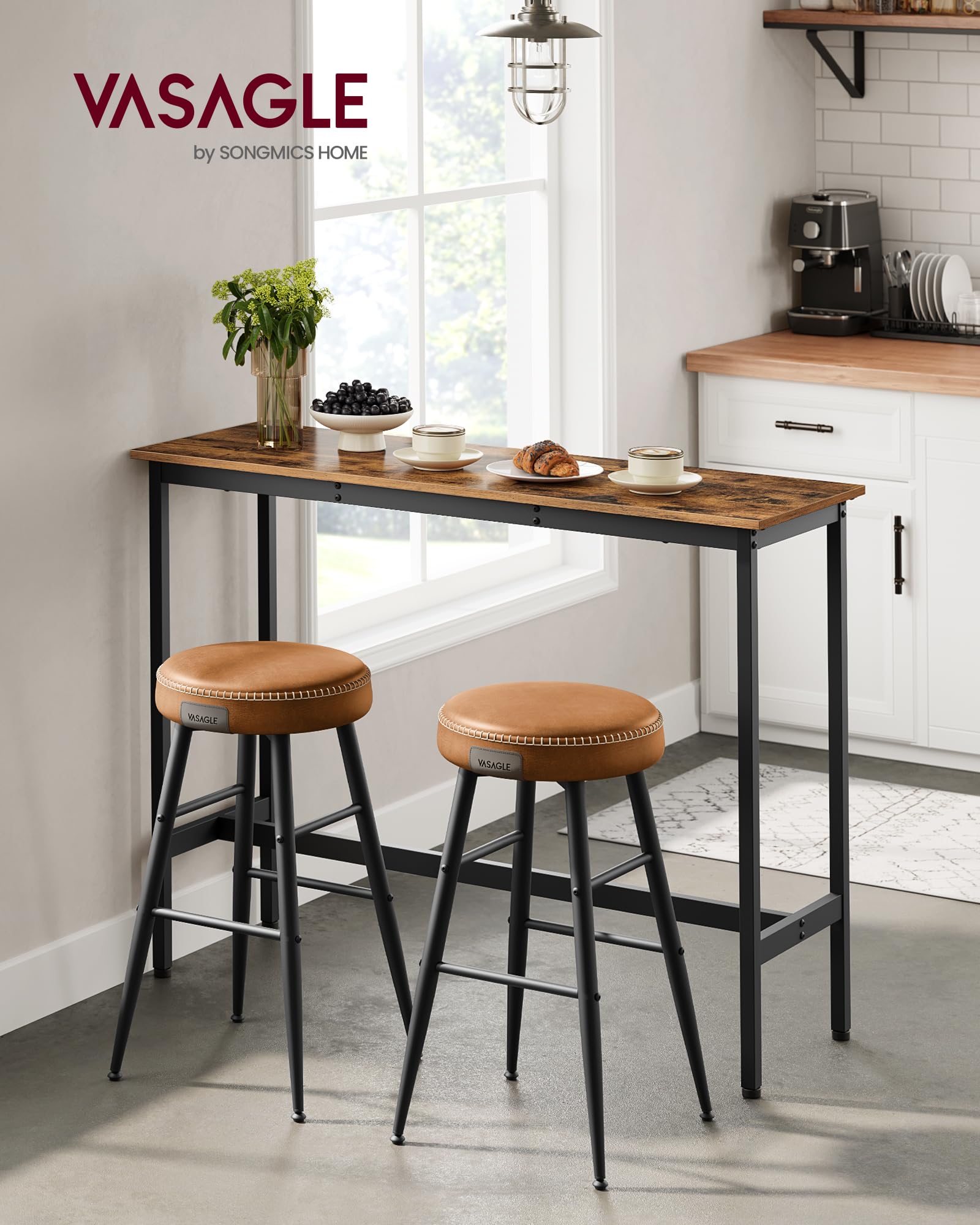 VASAGLE Bar Table, Kitchen Dining Table, High Top Pub Table, Bar Height Cocktail Table for Living Room Party, Sturdy Metal, 15.7 x 39.4 x 35.4 Inches for Narrow Spaces, Ebony Black and Ink Black