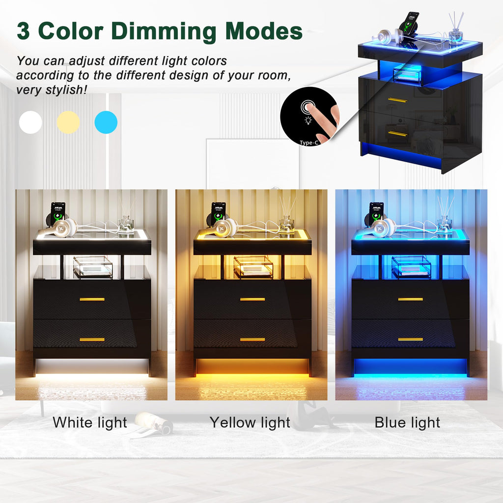 HNEBC LED Nightstand with Charging Station,Smart Bedside Table with Motion Sensor Lights,3 Drawers,Tempered Glass Top,High Gloss End Table with 3 Color Lights for Bedroom, Living Room,Office-Black