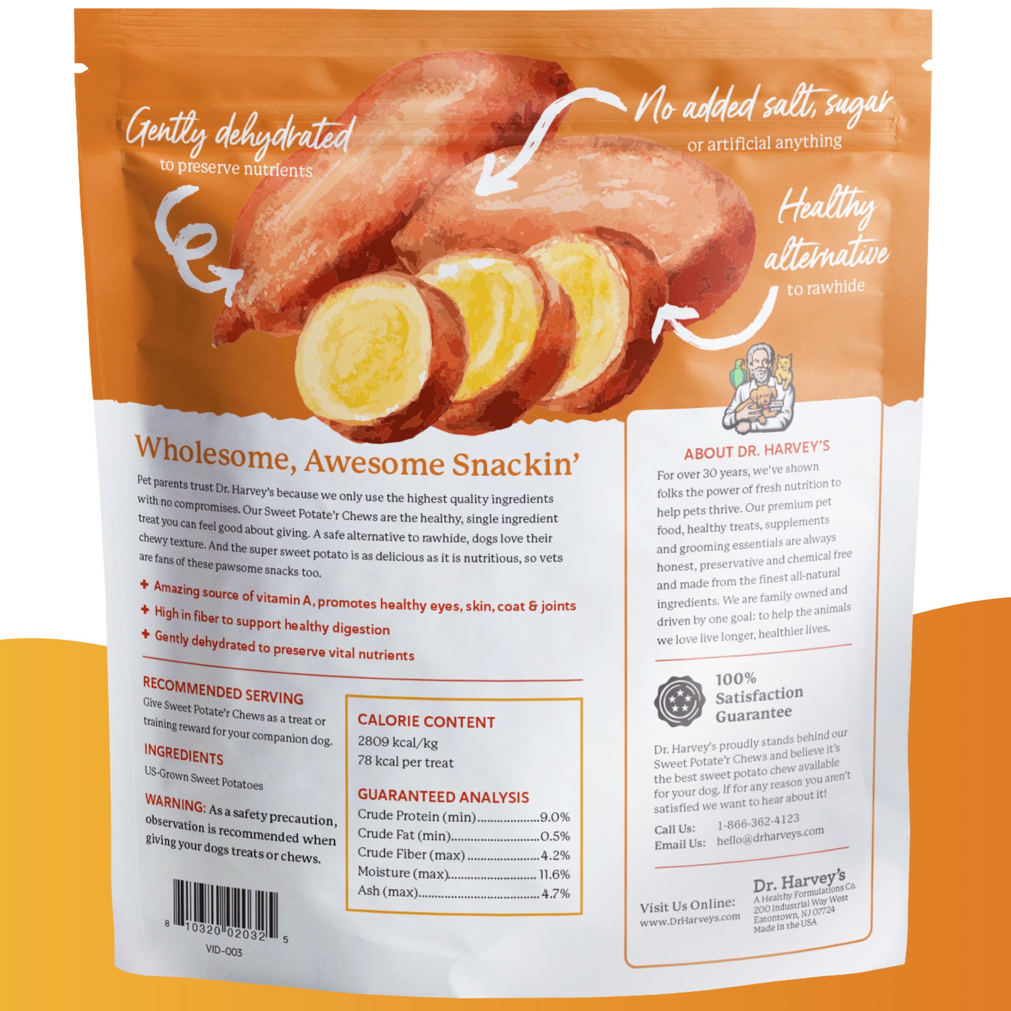 Dr. Harvey's Sweet Potato Chews for Dogs, Dog Treats for Small, Medium, Large Dogs, Natural Dog Snacks for Training, Healthy Teeth, Preventing Bad Breath, and Aggressive Chewers, USA Grown (1 Pound)