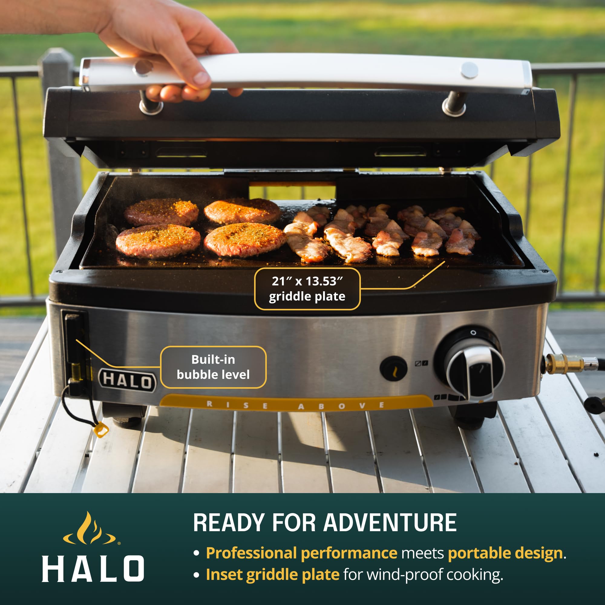 HALO Elite1B Outdoor Griddle | 2 Cooking Zones | 284sq. In. (21″ x 13.53″) Wind-Proof Cooking Surface | Portable Flat Top for Camping, Tailgates, and Patios | Propane Gas Grill | HZ-1007-ANA